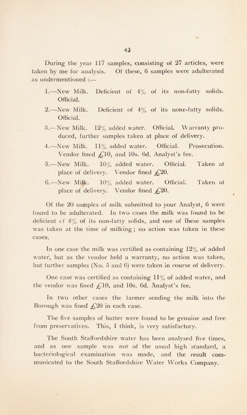 During the year 117 samples, consisting of 27 articles, were taken by me for analysis. Of these, 6 samples were adulterated as undermentioned :— 1. —New Milk. Deficient of 4% of its non-fatty solids. Official. 2. —New Milk. Deficient of 4% of its none-fatty solids. Official. 3. —New Milk. 12% added water. Official. Warranty pro- duced, further samples taken at place of delivery. 4. —New Milk. 11% added water. Official. Prosecution. Vendor fined ^10, and 10s. 6d. Analyst’s fee. 5. —New Milk. 16% added water. Official. Taken at place of delivery. Vendor fined ^20. 6. —New Milk. 10% added water. Official. Taken at place of delivery. Vendor fined ^20. Of the 20 samples of milk submitted to your Analyst, 6 were found to be adulterated. In two cases the milk was found to> be deficient of 4% of its non-fatty solids, and one of these samples was taken at the time of milking ; no action was taken in these cases. In one case the milk was certified as containing 12% of added water, but as the vendor held a warranty, no action was taken, but further samples (No. 5 and 6) were taken in course of delivery. One case was certified as containing 11% of added water, and the vendor was fined %T0, and 10s. 6d. Analyst’s fee. In two other cases the farmer sending the milk into the Borough was fined £L20 in each case. The five samples of butter were found to be genuine and free from preservatives. This, I think, is very satisfactory. The South Staffordshire water has been analysed five times, and as one sample was not of the usual high standard, a bacteriological examination was made, and the result com- municated to the South Staffordshire Water Works Company.