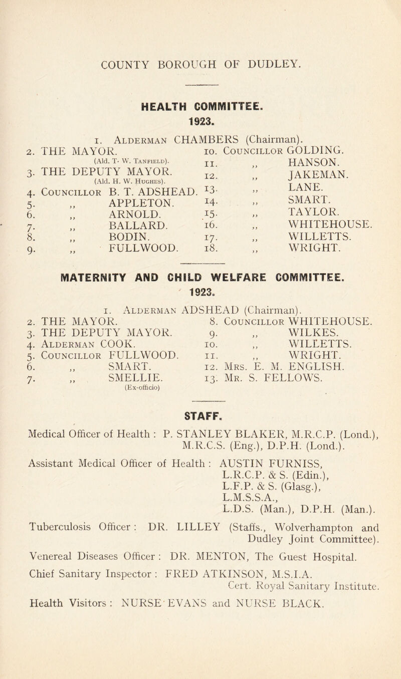 HEALTH GOIVIIV8ITTEE. 1923. I. Alderman CHAMBERS (Chairman). 2. THE MAYOR. 10, Councillor GOLDING. (Aid, T- W. Tanfield). II. HANSON. 3. THE DEPUTY MAYOR. (Aid. H. W. Hughes). 12. > y JAKEMAN. 4. Councillor B. T. ADSHEAD. 13- y} LANE. 5- APPLETON. 14- } y SMART. 6. ARNOLD. .^5- >y TAYLOR. 7* BALLARD. 16. y y WHITEHOUSE 8. BODIN. 17. y y WILLETTS. 9* >> FULLWOOD. 18. y y WRIGHT. MATERNITY AND CHILD WELFARE COMMITTEE. 1923. I. Alderman ADSHEAD (Chairman). 2. THE MAYOR. 3. THE DEPUTY MAYOR. 4. Alderman COOK. 5. Councillor FULLWOOD. 6. „ SMART. 7. „ SMELLIE. (Ex-of&cio) 8. Councillor WHITEHOUSE. 9. „ WILKES. 10. „ WILLETTS. 11. „ WRIGHT. 12. Mrs. E. M. ENGLISH. 13. Mr. S. fellows. STAFF. Medical Officer of Health : P. STANLEY BLAKER, M.R.C.P. (Lond.), M.R.C.S. (Eng.), D.P.H. (Lond.). Assistant Medical Officer of Health : AUSTIN FURNISS, L.R.C.P. &S. (Edin.), L.F.P. & S. (Glasg.), L.M.S.S.A., L.D.S. (Man.), D.P.H. (Man.). Tuberculosis Officer : DR. LILLEY (Staffs., Wolverhampton and Dudley Joint Committee). Venereal Diseases Officer : DR. MENTON, The Guest Hospital. Chief Sanitary Inspector : FRED ATKINSON, M.S.I.A. Cert. Royal Sanitary Institute. Health Visitors: NURSE'EVANS and NURSE BLACK.