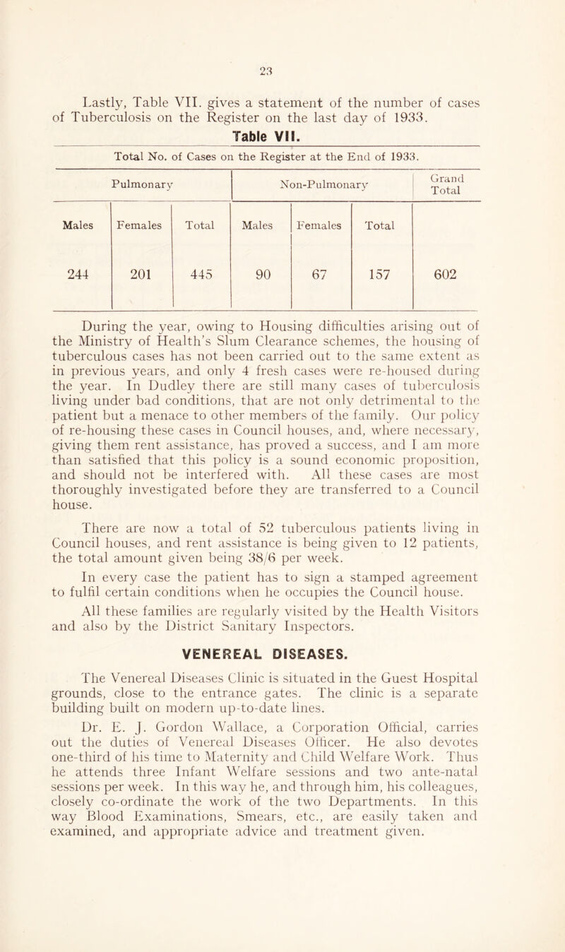 Lastly, Table VII. gives a statement of the number of cases of Tuberculosis on the Register on the last day of 1933. Table VH. Males 244 Total No. of Cases on the Register at the End of 1933. Pulmonary Non-Pulmonar}'' Grand Total Females Total Males Females Total 201 445 90 67 157 602 During the year, owing to Housing difficulties arising out of the Ministry of Health’s Slum Clearance schemes, the housing of tuberculous cases has not been carried out to the same extent as in previous years, and only 4 fresh cases were re-housed during the year. In Dudley there are still many cases of tuberculosis living under bad conditions, that are not only detrimental to the patient but a menace to other members of the family. Our policy of re-housing these cases in Council houses, and, where necessary, giving them rent assistance, has proved a success, and I am more than satisfied that this policy is a sound economic proposition, and should not be interfered with. All these cases are most thoroughly investigated before they are transferred to a Council house. There are now a total of 52 tuberculous patients living in Council houses, and rent assistance is being given to 12 patients, the total amount given being 38/6 per week. In every case the patient has to sign a stamped agreement to fulhl certain conditions when he occupies the Council house. All these families are regularly visited by the Health Visitors and also by the District Sanitary Inspectors. VENEREAL DISEASES. The Venereal Diseases Clinic is situated in the Guest Hospital grounds, close to the entrance gates. The clinic is a separate building built on modern up-to-date lines. Dr. E. J. Gordon Wallace, a Corporation Official, carries out the duties of Venereal Diseases Officer. He also devotes one-third of his time to Maternity and Child Welfare Work. Thus he attends three Infant Welfare sessions and two ante-natal sessions per week. In this way he, and through him, his colleagues, closely co-ordinate the work of the two Departments. In this way J31ood Examinations, Smears, etc., are easily taken and examined, and appropriate advice and treatment given.