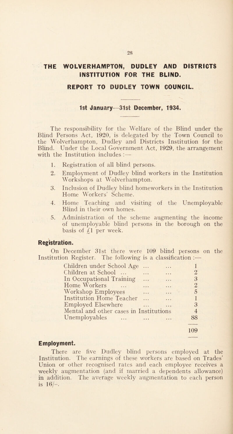 THE WOLVERHAMPTON, DUDLEY AND DISTRICTS INSTITUTION FOR THE BLIND. REPORT TO DUDLEY TOWN COUNCIL. 1st January—31st December, 1934. The responsibility for the Welfare of the Blind under the Blind Persons Act, 1920, is delegated by the Town Council to the Wolverhampton, Dudley and Districts Institution for the Blind. Under the Local Government Act, 1929, the arrangement with the Institution includes : — 1. Registration of all blind persons. 2. Employment of Dudley blind workers in the Institution Workshops at Wolverhampton. 3. Inclusion of Dudley blind homeworkers in the Institution Home Workers’ Scheme. 4. Home Teaching and visiting of the Unemployable Blind in their own homes. 5. Administration of the scheme augmenting the income of unemployable blind persons in the borough on the basis of £1 per week. Registration. On December 31st there were 109 blind persons on the Institution Register. The following is a classification :— Children under School Age ... ... 1 Children at School ... ... ... 2 In Occupational Training ... ... 3 Home Workers ... ... ... 2 Workshop Employees ... ... 5 Institution Home Teacher ... ... 1 Employed Elsewhere ... ... 3 Mental and other cases in Institutions 4 Unemployables ... ... ... 88 109 Employment. There are hve Dudley blind persons employed at the Institution. The earnings of these workers are based on Trades’ Union or other recognised rates and each employee receives a weekly augmentation (and if married a dependents allowance) in addition. The average weekly augmentation to each person is 16/-.