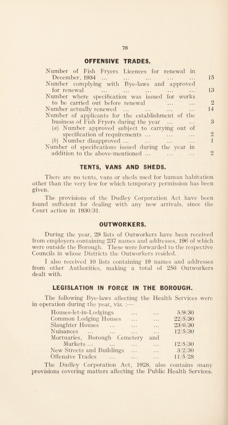 OFFENSIVE TRADES. Number of Fish Fryers Licences for renewal in December, 1934 ... ... ... ... ... 15 Number complying with Bye-laws and approved for renewal ... ... ... ... ... 13 Number where specification was issued for works to be carried out before renewal ... ... 2 Number actually renewed ... ... ... ... 14 Number of applicants for the establishment of the business of Fish Fryers during the year ... ... 3 (a) Number approved subject to carrying out of specification of requirements ... ... ... 2 (b) Number disapproved ... ... ... ... 1 Number of specifications issued during the year in addition to the above-mentioned ... ... ... 2 TENTS, VANS AND SHEDS. There are no tents, vans or sheds used for human habitation other than the very few for which temporary permission has been given. The provisions of the Dudley Corporation Act have been found sufficient for dealing with any new arrivals, since the Court action in 1930/31. OUTWORKERS. During the year, 29 lists of Outworkers have been received from employers containing 237 names and addresses, 196 of which were outside the Borough. These were forwarded to the respective Councils in whose Districts the Outworkers resided. I also received 10 lists containing 19 names and addresses from other Authorities, making a total of 256 Outworkers dealt with. LEGISLATION IN FORCE 3N THE BOROUGH. The following Bye-laws affecting the Health Services were in operation during the year, viz. :— Houses-let-in-Lodgings ... 51 /30 Common Lodging Houses 22, '5, /30 Slaughter Houses 23, 130 Nuisances 12; '5, 130 Mortuaries, Borough Cemetery and Markets ... 12/ '5, 130 New Streets and Buildings 3; % ''30 Offensive Trades IT /5/ '28 The Dudley Corporation Act, 1928, also contains many provisions covering matters affecting the Public Health Services.