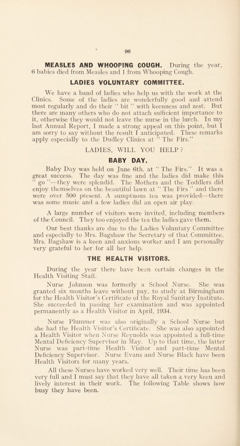 MEASLES AND WHOOPING COUGH. During the year, 6 babies died from Measles and 1 from Whooping Cough. LADIES VOLUNTARY COMMITTEE. We have a band of ladies who help us with the work at the Clinics. Some of the ladies are wonderfully good and attend most regularly and do their  bit ” with keenness and zest. But there are many others who do not attach sufficient importance to it, otherwise they would not leave the nurse in the lurch. In my last Annual Report, I made a strong appeal on this point, but I am sorry to say without the result I anticipated. These remarks apply especially to the Dudley Clinics at The Firs.” LADIES, WILL YOU HELP? BABY DAY. Baby Day was held on June 6th. at  The Firs.” It was a great success. The day was fine and the ladies did make this go ”—they were splendid. The Mothers and the Toddlers did enjoy themselves on the beautiful lawn at  The Firs ” and there were over 500 present. A sumptuous tea was provided—there was some music and a few ladies did an open air play. A large number of visitors were invited, including members of the Council. They too enjoyed the tea the ladies gave them. Our best thanks are due to the Ladies Voluntary Committee and especially to Mrs. Bagshaw the Secretafy of that Committee. Mrs. Bagshaw is a keen and anxious worker and I am personally very grateful to her for all her help. THE HEALTH VISITORS. During the year there have been certain changes in the Health Visiting Staff. Nurse Johnson was formerly a School Nurse. She was granted six months leave without pay, to study at Birmingham for the Health Visitor’s Certificate of the Royal Sanitary Institute. She succeeded in passing her examination and was appointed permanently as a Health Visitor in April, 1934. Nurse Plummer was also originally a School Nurse but she had the Health Visitor’s Certificate. She was also appointed a Health Visitor when Nurse Reynolds was appointed a full-time Mental Deficiency Supervisor in May. Up to that time, the latter Nurse was part-time Health Visitor and part-time Mental Deficiency Supervisor. Nurse Evans and Nurse Black have been Health Visitors for many years. All these Nurses have worked very well. Their time has been very full and I must say that they have all taken a very keen and lively interest in their work. The following Table shows how busy they have been.