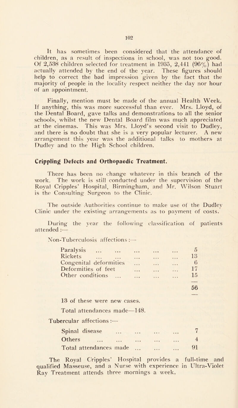 It has sometimes been considered that the attendance of children, as a result of inspections in school, was not too good. Of 2,538 children selected for treatment in 1935, 2,441 (96%) had actually attended by the end of the year. These figures should help to correct the bad impression given by the fact that the majority of people in the locality respect neither the day nor hour of an. appointment. Finally, mention must be made of the annual Health Week. If anything, this was more successful than ever. Mrs. Lloyd, of the Dental Board, gave talks and demonstrations to all the senior schools, whilst the new Dental Board film was much appreciated at the cinemas. This was Mrs. Lloyd’s second visit to Dudley, and there is no' doubt that she is a very popular lecturer. A new arrangement this year was the additional talks to mothers at Dudley and to the High School children. Crippling Defects and Orthopaedic Treatment. There has been no change whatever in this branch of the work. The work is still conducted under the supervision of the Royal Cripples’ Hospital, Birmingham, and Mr. Wilson Stuart is the Consulting Surgeon to the Clinic. 4'he outside Authorities continue to make use of the Dudley Clinic under the existing arrangements as to payment of costs. During the year the following classification of patients attended :— Non-Tuberculosis affections ;—- Paralysis 5 Rickets ... ... ... ... ... 13 Congenital deformities ... ... ... 6 Deformities of feet ... ... ... 17 Other conditions ... ... ... ... 15 56 13 of these were new cases. Total attendances made—148. Tubercular affections :— Spinal disease ... ... ... ... 7 Others ... 4 Total attendances made ... ... ... 91 The Royal Cripples’ Hospital provides a full-time and qualified Masseuse, and a Nurse with experience in Ldtra-Violet Ray Treatment attends three mornings a week,