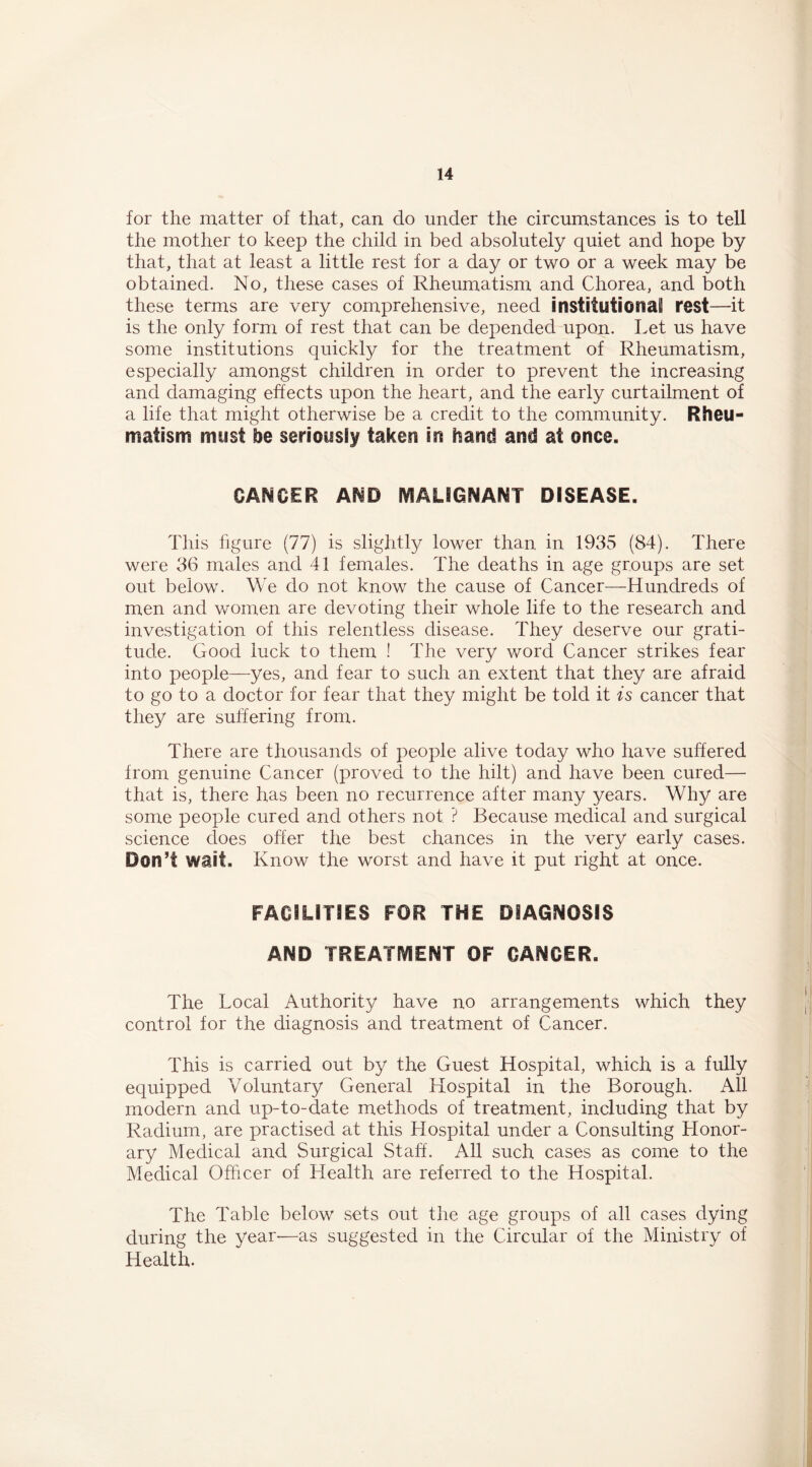 for the matter of that, can do under the circumstances is to tell the mother to keep the child in bed absolutely quiet and hope by that, that at least a little rest for a day or two or a week may be obtained. No, these cases of Rheumatism and Chorea, and both these terms are very comprehensive, need institutional rest—it is the only form of rest that can be depended upon. Let us have some institutions quickly for the treatment of Rheumatism, especially amongst children in order to prevent the increasing and damaging effects upon the heart, and the early curtailment of a life that might otherwise be a credit to the community. Rheu- matism must be seriously taken in hand and at once. CANCER AND MALIGNANT DISEASE. This figure (77) is slight!}/ lower than in 1935 (84). There were 36 males and 41 females. The deaths in age groups are set out below. We do not know the cause of Cancer—Hundreds of men and women are devoting their whole life to the research and investigation of this relentless disease. They deserve our grati- tude. Good luck to them ! The very word Cancer strikes fear into people—yes, and fear to such an extent that they are afraid to go to a doctor for fear that they might be told it is cancer that they are suffering from. There are thousands of people alive today who have suffered from genuine Cancer (proved to the hilt) and have been cured— that is, there has been no recurrence after many years. Why are some people cured and others not ? Because medical and surgical science does offer the best chances in the very early cases. Don’t wait. Know the worst and have it put right at once. FACILITIES FOR THE DIAGNOSIS AND TREATMENT OF CANCER. The Local Authority have no arrangements which they control for the diagnosis and treatment of Cancer. This is carried out by the Guest Hospital, which is a fully equipped Voluntary General Hospital in the Borough. All modern and up-to-date methods of treatment, including that by Radium, are practised at this Hospital under a Consulting Honor- ary Medical and Surgical Staff. All such cases as come to the Medical Ofhcer of Health are referred to the Hospital. The Table below sets out the age groups of all cases dying during the year-—as suggested in the Circular of the Ministry of Health.