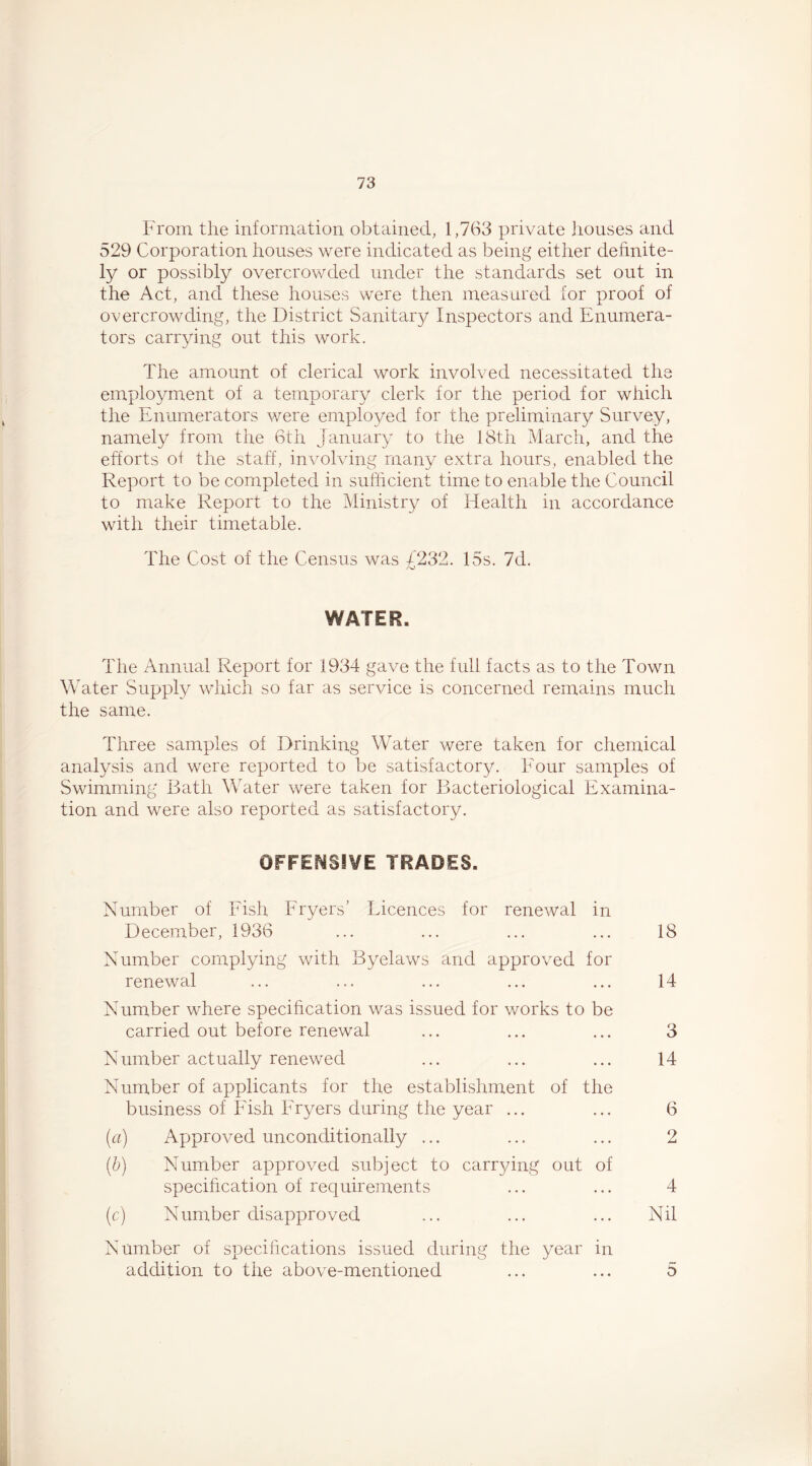 From the information obtained, 1,763 private houses and 529 Corporation houses were indicated as being either definite- ly or possibly overcrowded under the standards set out in the Act, and these houses were then measured for proof of overcrowding, the District Sanitary Inspectors and Enumera- tors carrying out this work. The amount of clerical work involved necessitated the employment of a temporary clerk for the period for which the Enumerators v/ere employed for the preliminary Survey, namely from the 6th January to the 18th March, and the efforts ot the staff, involving many extra hours, enabled the Report to be completed in sufficient time to enable the Council to make Report to the Ministry of Health in accordance with their timetable. The Cost of the Census was /232. 15s. 7d. WATER. The Annual Report for 1934 gave the full facts as to the Town Water Supply which so far as service is concerned remains much the same. Three samples of Drinking Water were taken for chemical analysis and were reported to be satisfactory. Four samples of Swimming Bath Water were taken for Bacteriological Examina- tion and were also reported as satisfactory. OFFENSIVE TRADES. Number of Fish Fryers’ Licences for renewal in December, 1936 ... ... ... ... 18 Number complying with Byelaws and approved for renewal ... ... ... ... ... 14 Number where specihcation was issued for works to be carried out before renewal ... ... ... 3 Number actually renewed ... ... ... 14 Number of applicants for the establishment of the business of Fish Fryers during the year ... ... 6 (a) Approved unconditionally ... ... ... 2 (b) Number approved .subject to carrying out of specihcation of requirements ... ... 4 (c) Number disapproved ... ... ... Nil Number of specihcations issued during the year in addition to the above-mentioned 5