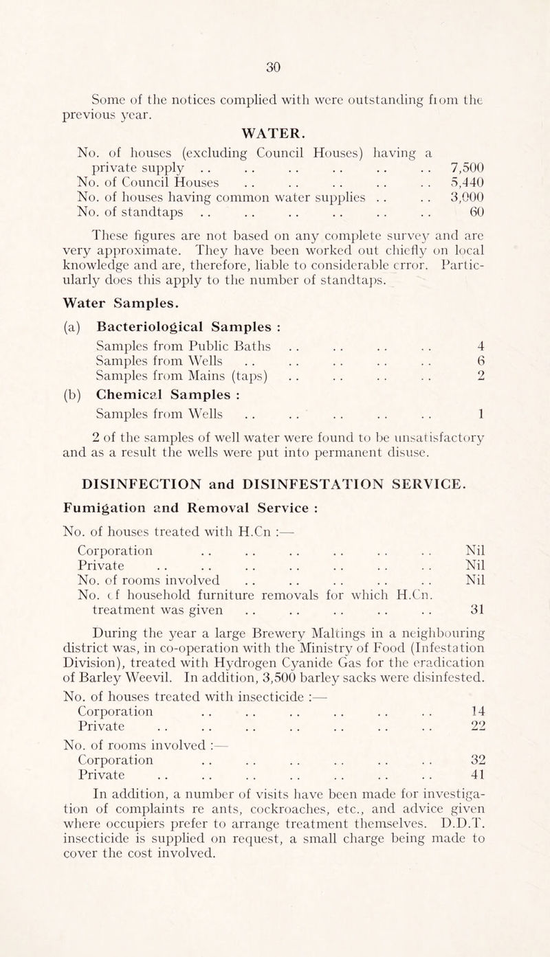 Some of the notices complied with were outstanding fiom the previous year. WATER. No. of houses (excluding Council Houses) having a private supply . . . . . . . . .. . . 7,500 No. of Council Houses . . . . . . . . . . 5,440 No. of houses having common water supplies . . . . 3,000 No. of standtaps . . . . . . . . . . . . 60 These hgures are not based on any complete surve}^ and are very approximate. They have been worked out chiefly on local knowledge and are, therefore, liable to considerable error. Partic- ularly does this apply to the number of standtaps. Water Samples. (a) Bacteriological Samples : Samples from Public Baths . . . . . . . . 4 Samples from Wells . . . . . . . . . . 6 Samples from Mains (taps) . . . . . . . . 2 (b) Chemical Samples : Samples from Wells . . . . . . . . . . 1 2 of the samples of well water were found to be unsatisfactory and as a result the wells were put into permanent disuse. DISINFECTION and DISINFESTATION SERVICE. Fumigation and Removal Service : No. of houses treated with H.Cn :— Corporation . . . . . . . . . . . . Nil Private . . . . . . . . . . . . . . Nil No. of rooms involved . . .. . . . . . . Nil No. cf household furniture removals for which H.Cn. treatment was given . . . . . . . . . . 31 During the year a large Brewery Maltings in a neighbouring district was, in co-operation with the Ministry of Food (Infestation Division), treated with Hydrogen Cyanide Gas for the eradication of Barley Weevil. In addition, 3,500 barley sacks were disinfested. No. of houses treated with insecticide :—• Corporation . . . . . . . . . . . . 14 Private . . . . . . . . . . . . . . 22 No. of rooms involved :— Corporation . . . . . . . . . . . . 32 Private .. . . . . . . . . . . . . 41 In addition, a number of visits have been made for investiga- tion of complaints re ants, cockroaches, etc., and advice given where occupiers prefer to arrange treatment themselves. D.D.T. insecticide is supplied on request, a small charge being made to cover the cost involved.
