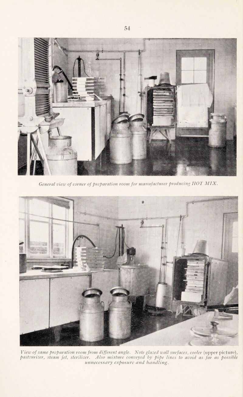 General view of corner of preparation room for manufacturer producing HOT MIX. View of same preparation room from different angle. Note glazed^ wall surfaces, cooler (upper picture), pasteurizer, steam jet, sterilizer. Also mixture conveyed by pipe lines to avoid as far as possible juiiiecessary exposure and handling.