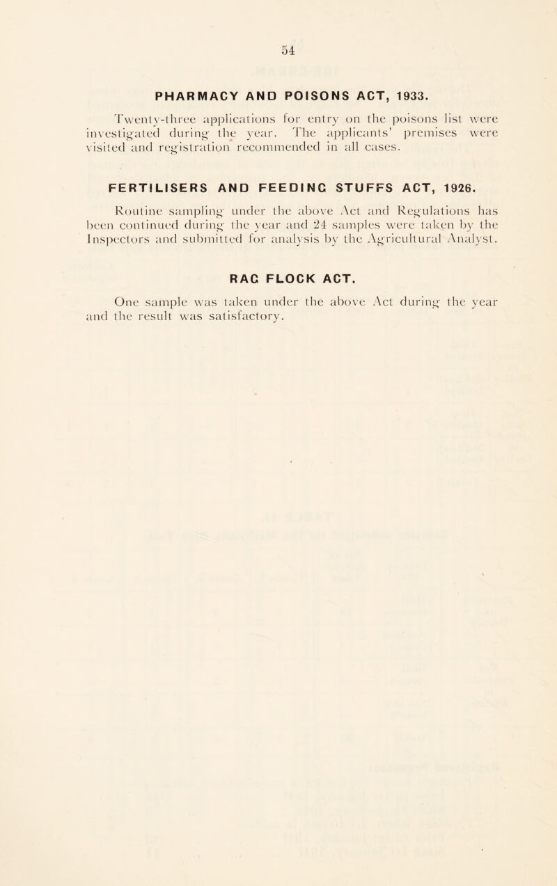 PHARMACY AND POISONS ACT, 1933. Twenty-three applications for entry on the poisons list were investigated during the year. The applicants’ premises were visited and registration recommended in all cases. FERTILISERS AND FEEDING STUFFS ACT, 1926. Routine sampling under the above Act and Regulations has been continued during the year and 24 samples were taken by the Inspectors and submitted for analysis by the Agricultural Analyst. RAC FLOCK ACT. One sample was taken under the above Act during the year and the result was satisfactory.