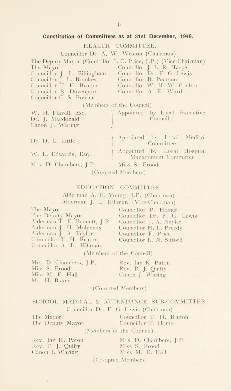 Constitution of Committees as at 31st December, 1948. HEALTH COMMITTEE. Councillor Dr. A. W. Weston (Chairman) The Deputy Mayor (Councillor J. C. Price, J.P.) (Vice-Chairman) The Mayor Councillor J. L. R. Harper Councillor J. L. Billing-ham Councillor Dr. F. G. Lewis Councillor J. L. Brookes Councillor B. Pearson Councillor T. H. Bruton Councillor W. H. W. Poulton Councillor B. Davenport Councillor A. E. Ward Councillor C. S. Fowler (Members of the Council) W. PI. Flavell, Escp ] Appointed by Local Executive Dr. J. Macdonald s Council. Canon J. Waring J Dr. D. L. Little W. L. Edwards, Esq. Mrs. D. Chambers, J.P. ) Appointed by Local Medical j Committee ) Appointed by Local Hospital j Management Committee Miss S. Frood (('o-opted Members) E D U C A TIO N COM M ITT E E. Alderman A. E. Young, J.P. (Chairman) Alderman J. L. Hillman (Vice-Chairman) The Mayor 1'he Deputy Mayor Alderman T. E. Bennett, J.P. Alderman J. H. Molyneux Alderman J. A. Taylor Councillor T. H. Bruton Councillor A. L. Hillman (Members Mrs. D. Chambers, J.P. Miss S. Frood Miss M. E. Hall Councillor P. Homer Councillor Dr. F. G. Lewis Councillor J. A. Nayler Councillor PI. L. Preedy Councillor F. Price Councillor E. N. Sifford of the Council) Rev. Ian K. Paton Rev. P. J. Quilty Canon J. Waring Mr. PL Baker (Co-opted Members) SCHOOL MEDICAL & ATTENDANCE SUB-COMMITTEE. Councillor Dr. F. G. Lewis (Chairman) The Mavor Councillor T. H. Bruton j The Deputy Mayor Councillor P. Homer (Members of the Council) Rev. Ian K. Paton Rev. P. J. Quilty Canon J. Waring Mrs. D. Chambers, J.P. Miss S. Frood Miss M. E. Hall (Co-opted Members)