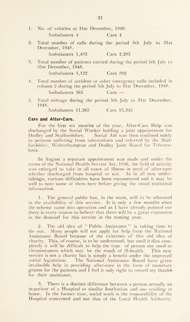 1. No. of vehicles at 31st December, 1948. Ambulances 4 Cars 4 2. Total number of calls during the period 5th July to 31st December, 1948. Ambulances 1,483 Cars 2,283 3. Total number of patients carried during* the period 5th July to 31st December, 1948. Ambulances 1,122 Cars 892 4. Total number of accident or other emergency calls included in column 2 during the period 5th July to 31st December, 1948. Ambulances 365 Cars — 5. Total mileage during the period 5th July to 31st December, 1948. Ambulances 11,265 Cars 15,345 Care and After-Care. For the first six months of the year, After-Care Help was discharg*ed by the Social Worker holding a joint appointment for Dudley and Staffordshire. Social Aid was then confined solely to persons suffering from tuberculosis and referred by the Staf- fordshire, Wolverhampton and Dudley Joint Board for Tubercu- losis. In August a separate appointment was made and under the terms of the National Health Service Act, 1946, the field of activity was enlarged to take in all cases of illness in need of after-care whether discharged from hospital or not. As in all new under- takings, various difficulties have been encountered and it may be well to note some of them here before giving the usual statistical information. 1. The general public has, in the main, still to be educated in the availability of this service. It is only a few months since the scheme came into operation and as I have already pointed out there is every reason to believe that there will be a great expansion in the demand for this service in the coming year. 2. The old idea of “Public Assistance” is taking time to die out. Many people will not apply for help from the National Assistance Board because of the existence of this old idea of charity. This, of course, is to be understood, but until it dies com- pletely it will be difficult to help the type of person not used to circumstances which may be the result of ill-health. This new service is not a charity but is simply a benefit under the improved social legislation. The National Assistance Board have given invaluable help in providing after-care in the form of monetary grants for the patients and I feel it only right to record my thanks for their assistance. 3. There is a distinct difference between a person actually an in-patient of a Hospital or similar Institution and one residing* at home. In the former case, social work is the responsibility of the Hospital concerned and not that of the Local Health Authority,