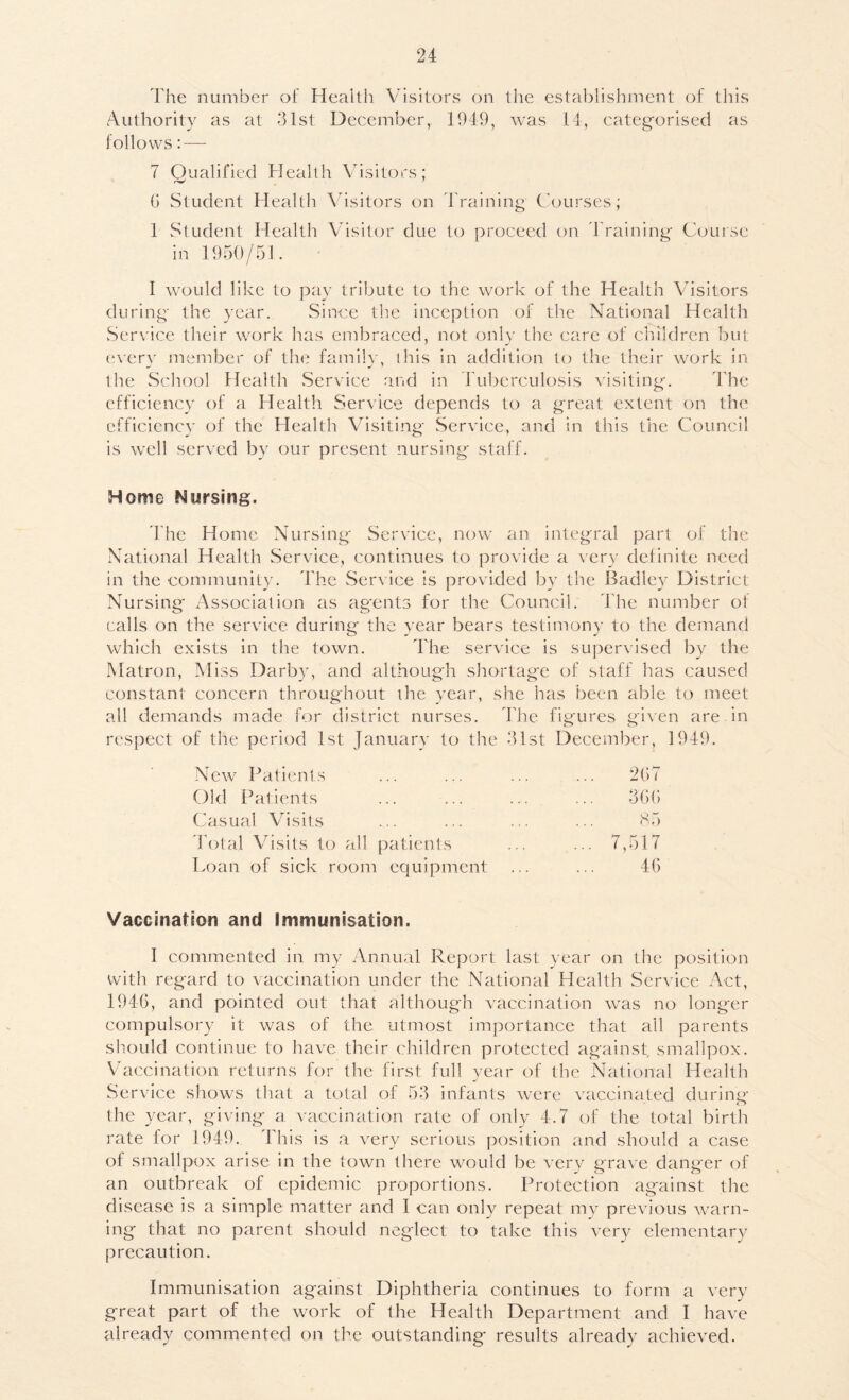 The number of Health Visitors on the establishment of this Authority as at -51st December, 1949, was 14, categorised as follows: — 7 Qualified Health Visitors; G Student Health Visitors on draining Courses; 1 Student Health Visitor due to proceed on 4'raining Course in 1950/51. I would like to pay tribute to the work of the Health Visitors during the year. Since the inception of the National Health wService their work has embraced, not only the care of children but everr' member of the family, this in ad.dition to the their work in the School Health Service and in ITiberculosis visiting. The efficiency of a Health Service depends to a great extent on the efficiency of the Health Visiting Service, and in this the Council is well served by our present nursing staff. Home Mursing. 4 he Home Nursing Service, now an integral part of the National Health Service, continues to provide a very definite need in the community. 44ie Service is provided by the Badley District Nursing' Association as agents for the Council. 4he number of calls on the service during the year bears testimony to the demand which exists in the town. 44ie service is supervised by the Matron, Miss Darby, and although shortage of staff has caused constant concern throughout the year, she has been able to meet all demands made for district nurses. The figures given are in respect of the period 1st January to the 41st December, 1949. New Patients ... ... ... ... 2GT Old ikitients ... ... ... ... 3GG Casual Visits ... ... ... ... b5 I’otal Visits to all patients ... ... 7,517 Loan of sick room equipment ... ... 4(1 Vaccination and Immunisation. I commented in my Annual Report last year on the position with regard to vaccination under the National hlealth Service Act, 1946, and pointed out that although vaccination w'as no longer compulsory it was of the utmost importance that all parents should continue to have their children protected against smallpox. Vhiccination returns for the first full year of the National Health Service shows that a total of 54 infants were vaccinated during the year, giving a vaccination rate of only 4.7 of the total birth rate for 1949. 44ii s is a very serious position and should a case of smallpox arise in the town there would be very grave danger of an outbreak of epidemic proportions. Protection against the disease is a simple matter and I can only repeat my previous warn- ing that no parent should neglect to take this very elementary precaution. Immunisation against Diphtheria continues to form a very great part of the work of the Health Department and I have already commented on the outstanding results already achieved.