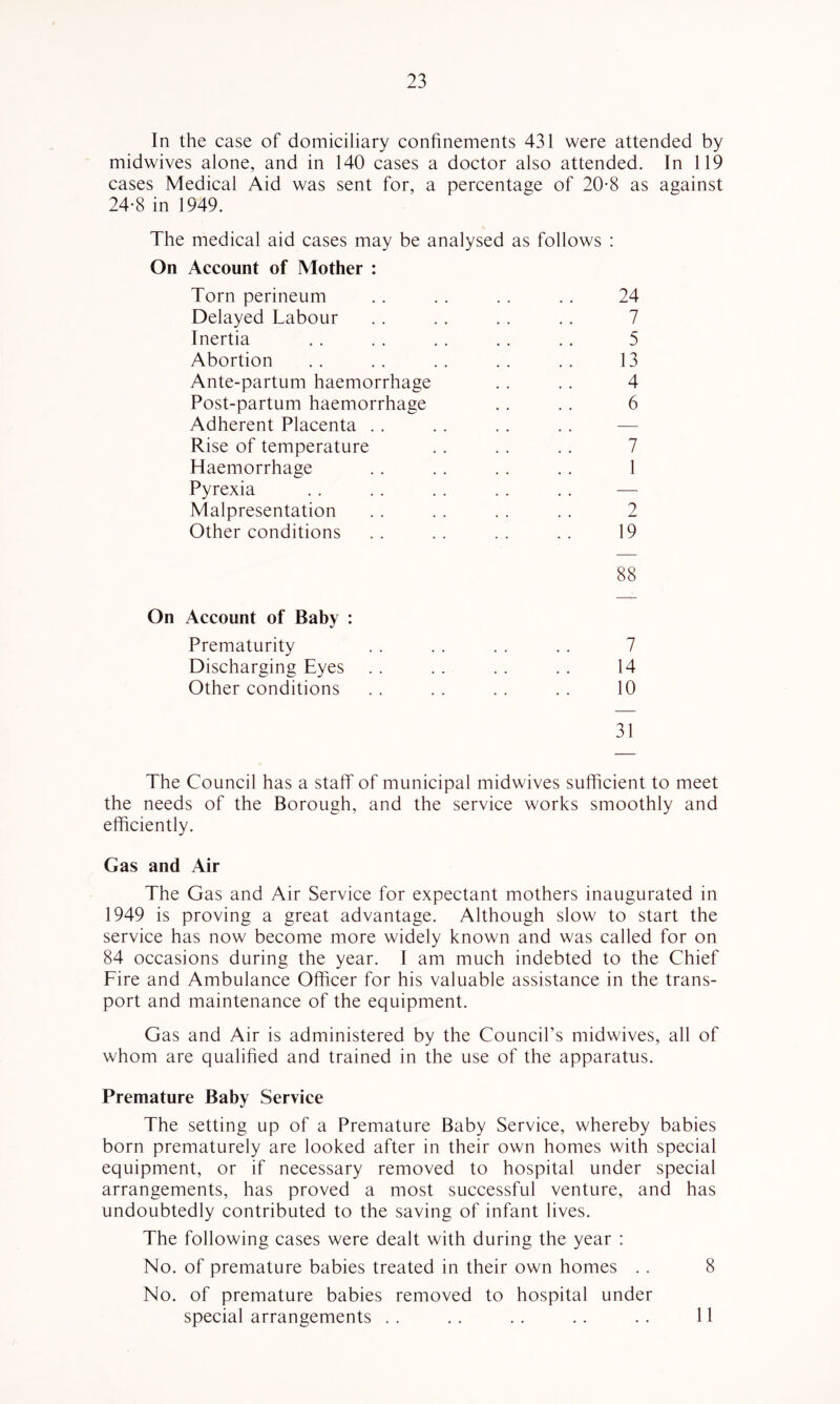 23 In the case of domiciliary confinements 431 were attended by midwives alone, and in 140 cases a doctor also attended. In 119 cases Medical Aid was sent for, a percentage of 20*8 as against 24-8 in 1949. The medical aid cases may be analysed as follows : On Account of Mother : Torn perineum .. . . . . . . 24 Delayed Labour . . . . . . . . 7 Inertia . . . . . . . . . . 5 Abortion . . . . . . . . . , 13 Ante-partum haemorrhage . . .. 4 Post-partum haemorrhage .. . . 6 Adherent Placenta . . . . . . . . — Rise of temperature . . . . . . 7 Haemorrhage . . . . . . . . 1 Pyrexia . . .. . . . . . . — Malpresentation . . . . . . . . 2 Other conditions . . . . . . . . 19 88 On Account of Baby : Prematurity . . . . . . . . 7 Discharging Eyes . . . . . . . . 14 Other conditions . . . . . . . . 10 31 The Council has a staff of municipal midwives sufficient to meet the needs of the Borough, and the service works smoothly and efficiently. Gas and Air The Gas and Air Service for expectant mothers inaugurated in 1949 is proving a great advantage. Although slow to start the service has now become more widely known and was called for on 84 occasions during the year. I am much indebted to the Chief Fire and Ambulance Officer for his valuable assistance in the trans- port and maintenance of the equipment. Gas and Air is administered by the Council’s midwives, all of whom are qualihed and trained in the use of the apparatus. Premature Baby Service The setting up of a Premature Baby Service, whereby babies born prematurely are looked after in their own homes with special equipment, or if necessary removed to hospital under special arrangements, has proved a most successful venture, and has undoubtedly contributed to the saving of infant lives. The following cases were dealt with during the year : No. of premature babies treated in their own homes . . 8 No. of premature babies removed to hospital under