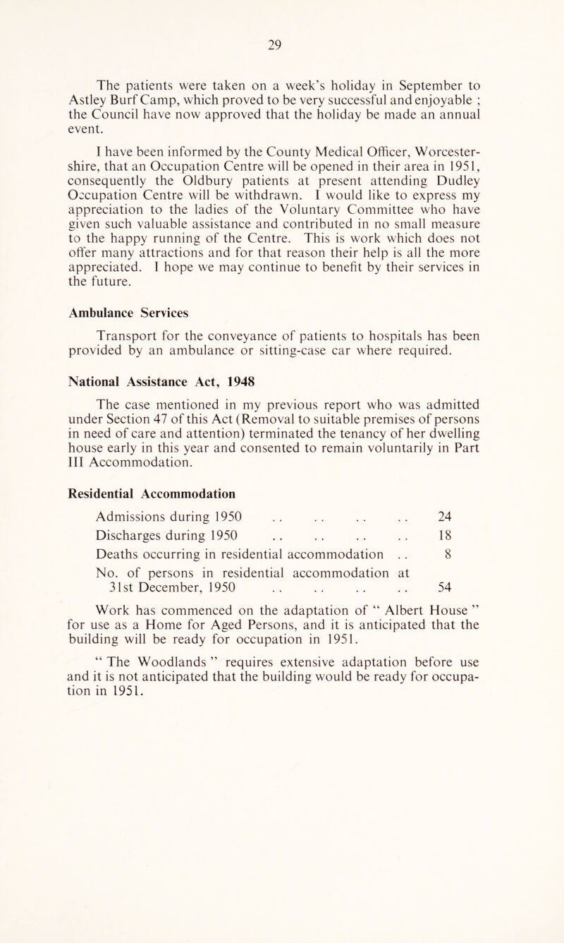 The patients were taken on a week’s holiday in September to Astley Burf Camp, which proved to be very successful and enjoyable ; the Council have now approved that the holiday be made an annual event. I have been informed by the County Medical Officer, Worcester- shire, that an Occupation Centre will be opened in their area in 1951, consequently the Oldbury patients at present attending Dudley Occupation Centre will be withdrawn. I would like to express my appreciation to the ladies of the Voluntary Committee who have given such valuable assistance and contributed in no small measure to the happy running of the Centre. This is work which does not ofler many attractions and for that reason their help is all the more appreciated. I hope we may continue to benefit by their services in the future. Ambulance Services Transport for the conveyance of patients to hospitals has been provided by an ambulance or sitting-case car where required. National Assistance Act, 1948 The case mentioned in my previous report who was admitted under Section 47 of this Act (Removal to suitable premises of persons in need of care and attention) terminated the tenancy of her dwelling house early in this year and consented to remain voluntarily in Part III Accommodation. Residential Accommodation Admissions during 1950 .. .. . . .. 24 Discharges during 1950 .. .. .. . . 18 Deaths occurring in residential accommodation .. 8 No. of persons in residential accommodation at 31st December, 1950 .. .. .. .. 54 Work has commenced on the adaptation of “ Albert House ” for use as a Home for Aged Persons, and it is anticipated that the building will be ready for occupation in 1951. “ The Woodlands ” requires extensive adaptation before use and it is not anticipated that the building would be ready for occupa- tion in 1951.