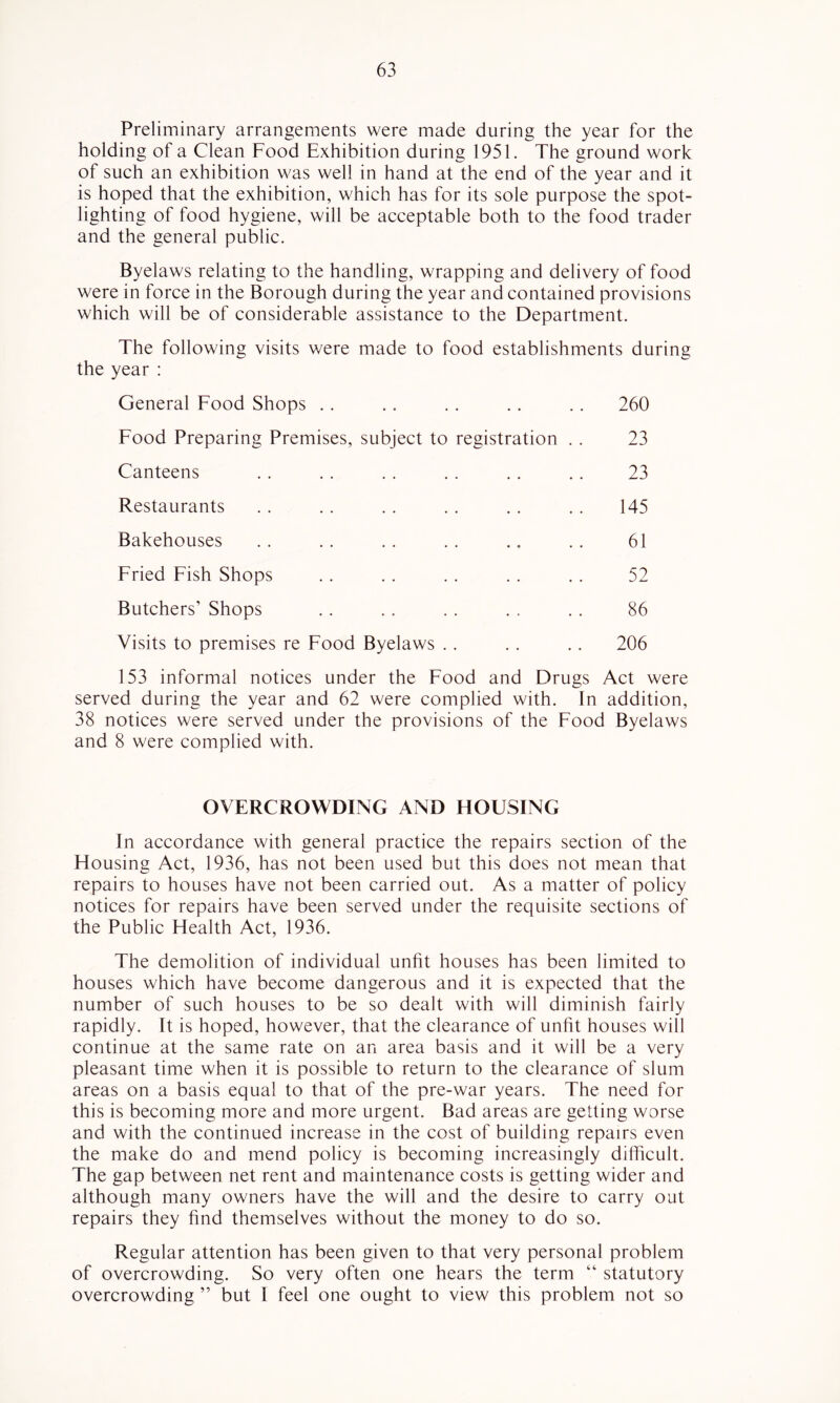 Preliminary arrangements were made during the year for the holding of a Clean Food Exhibition during 1951. The ground work of such an exhibition was well in hand at the end of the year and it is hoped that the exhibition, which has for its sole purpose the spot- lighting of food hygiene, will be acceptable both to the food trader and the general public. Byelaws relating to the handling, wrapping and delivery of food were in force in the Borough during the year and contained provisions which will be of considerable assistance to the Department. The following visits were made to food establishments during the year : General Food Shops . . .. . . .. . , 260 Food Preparing Premises, subject to registration . . 23 Canteens . . . . . . . . , . . . 23 Restaurants . . .. . . . . . . . . 145 Bakehouses . . . . .. . . .. .. 61 Fried Fish Shops . . . . . . . . . . 52 Butchers’ Shops . . . . . . . . . . 86 Visits to premises re Food Byelaws .. . . .. 206 153 informal notices under the Food and Drugs Act were served during the year and 62 were complied with. In addition, 38 notices were served under the provisions of the Food Byelaws and 8 were complied with. OVERCROWDING AND HOUSING In accordance with general practice the repairs section of the Housing Act, 1936, has not been used but this does not mean that repairs to houses have not been carried out. As a matter of policy notices for repairs have been served under the requisite sections of the Public Health Act, 1936. The demolition of individual unfit houses has been limited to houses which have become dangerous and it is expected that the number of such houses to be so dealt with will diminish fairly rapidly. It is hoped, however, that the clearance of unfit houses will continue at the same rate on an area basis and it will be a very pleasant time when it is possible to return to the clearance of slum areas on a basis equal to that of the pre-war years. The need for this is becoming more and more urgent. Bad areas are getting worse and with the continued increase in the cost of building repairs even the make do and mend policy is becoming increasingly difficult. The gap between net rent and maintenance costs is getting wider and although many owners have the will and the desire to carry out repairs they find themselves without the money to do so. Regular attention has been given to that very personal problem of overcrowding. So very often one hears the term “ statutory overcrowding ” but I feel one ought to view this problem not so