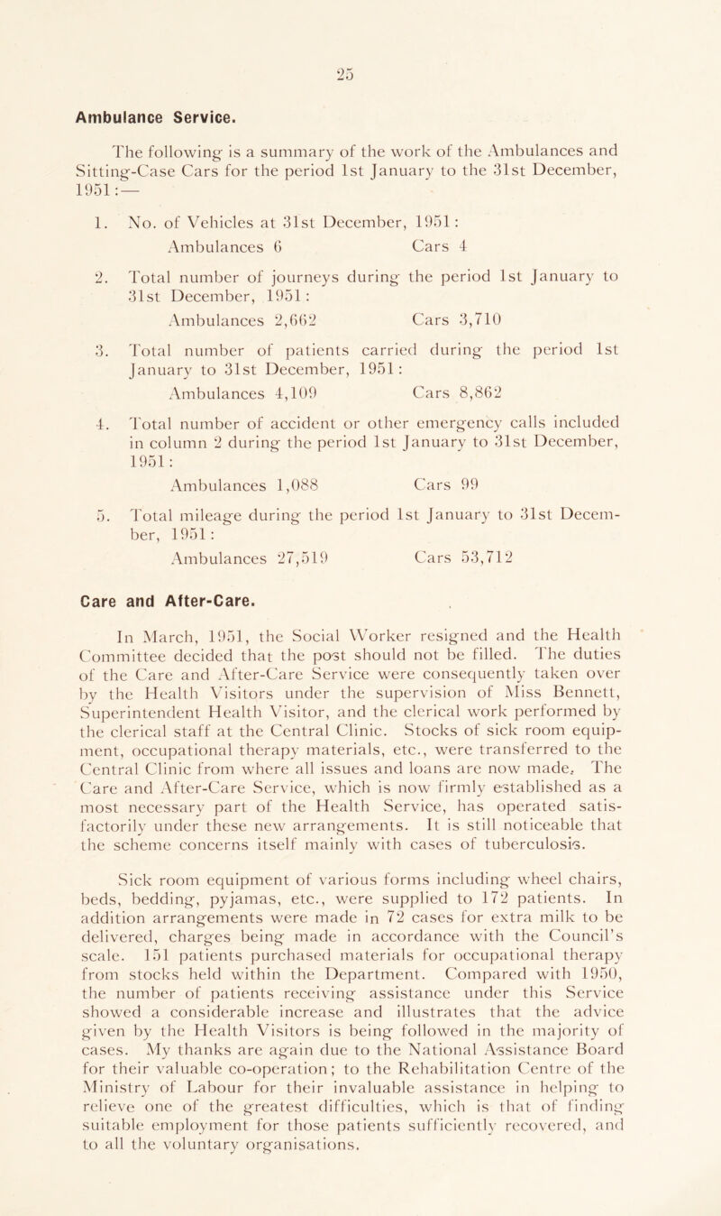 Ambulance Service. The following is a summary of the work of the Ambulances and Sitting-Case Cars for the period 1st January to the 31st December, 1951: — 1. No. of Vehicles at 31st December, 1951: Ambulances 6 Cars 4 2. Total number of journeys during the period 1st January to 31st December, 1951: Ambulances 2,662 Cars 3,710 3. Total number of patients carried during the period 1st January to 31st December, 1951: Ambulances 4,109 Cars 8,862 4. Total number of accident or other emergency calls included in column 2 during the period 1st January to 31st December, 1951: Ambulances 1,088 Cars 99 5. Total mileage during the period 1st January to 31st Decem- ber, 1951: Ambulances 27,519 Cars 53,712 Care and After-Care. In March, 1951, the Social Worker resigned and the Health Committee decided that the post should not be filled. The duties of the Care and After-Care Serviee were consequently taken over by the Health Visitors under the supervision of Miss Bennett, Superintendent Health Visitor, and the clerical work performed by the clerical staff at the Central Clinic. Stocks of sick room equip- ment, occupational therapy materials, etc., were transferred to the Central Clinic from where all issues and loans are now made. The Care and After-Care Service, which is now firmly established as a most necessary part of the Health Service, has operated satis- factorily under these new arrangements. It is still noticeable that the scheme concerns itself mainly with eases of tuberculosis. Sick room equipment of various forms including wheel chairs, beds, bedding, pyjamas, etc., were supplied to 172 patients. In addition arrangements were made in 72 cases for extra milk to be delivered, eharges being made in accordance with the Council’s scale. 151 patients purchased materials for oeeupational therapy from stocks held within the Department. Compared with 1950, the number of patients receiving assistance under this Service showed a considerable increase and illustrates that the adviee given by the Health Visitors is being followed in the majority of cases. My thanks are again due to the National xAssistance Board for their valuable co-operation; to the Rehabilitation Centre of the Ministry of Labour for their invaluable assistance in helping to relieve one of the greatest difficulties, which is that of finding suitable employment for those patients sufficiently recovered, and to all the voluntary organisations.