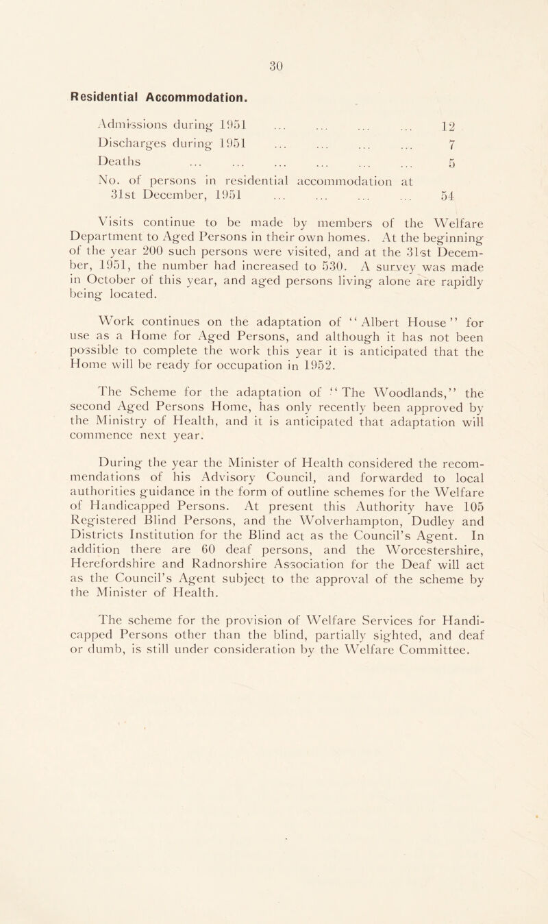 Residential Accommodation. iVdmi^ssions during- 11^51 12 Discharges during 1951 ... ... ... ... 7 Deaths ... ... ... ... ... ... 5 No. of persons in residential accommodation at 31st December, 1951 ... ... ... ... 54 Visits continue to be made by members of the Welfare Department to Aged Persons in their own homes. At the beginning of the year 200 such persons were visited, and at the 3h3t Decem- ber, 1951, the number had increased to 530. A survey was made in October of this year, and aged persons living alone are rapidly being loeated. Work continues on the adaptation of “Albert House” for use as a Home for x^ged Persons, and although it has not been possible to complete the work this year it is anticipated that the Home will be ready for occupation in 1952. The Scheme for the adaptation of “The Woodlands,” the second Aged Persons Home, has only recently been approved by the Ministry of Health, and it is anticipated that adaptation will commence next year. During the year the Minister of Health considered the recom- mendations of his Advisory Council, and forwarded to local authorities guidance in the form of outline schemes for the Welfare of Handicapped Persons. At present this Authority have 105 Registered Blind Persons, and the Wolverhampton, Dudley and Districts Institution for the Blind act as the Council’s Agent. In addition there are 60 deaf persons, and the Worcestershire, Herefordshire and Radnorshire Association for the Deaf will act as the Council’s Agent subject to the approval of the scheme by the Minister of Health. The scheme for the provision of Welfare Services for Handi- capped Persons other than the blind, partially sighted, and deaf or dumb, is still under consideration by the Welfare Committee.