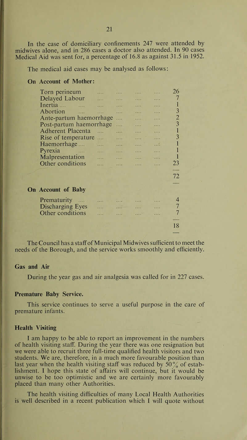 In the case of domiciliary confinements 247 were attended by midwives alone, and in 286 cases a doctor also attended. In 90 cases Medical Aid was sent for, a percentage of 16.8 as against 31.5 in 1952. The medical aid cases may be analysed as follows: On Account of Mother: Torn perineum 26 Delayed Labour 7 Inertia 1 Abortion 3 Ante-partum haemorrhage 2 Post-partum haemorrhage 3 Adherent Placenta 1 Rise of temperature 3 Haemorrhage 1 Pyrexia 1 Malpresentation 1 Other conditions 23 72 On Account of Baby Prematurity 4 Discharging Eyes 7 Other conditions 7 18 The Council has a staff of Municipal Midwives sufficient to meet the needs of the Borough, and the service works smoothly and efficiently. Gas and Air During the year gas and air analgesia was called for in 227 cases. Premature Baby Service. This service continues to serve a useful purpose in the care of premature infants. Health Visiting I am happy to be able to report an improvement in the numbers of health visiting staff. During the year there was one resignation but we were able to recruit three full-time qualified health visitors and two students. We are, therefore, in a much more favourable position than last year when the health visiting staff was reduced by 50% of estab- lishment. I hope this state of affairs will continue, but it would be unwise to be too optimistic and we are certainly more favourably placed than many other Authorities. The health visiting difficulties of many Local Health Authorities is well described in a recent publication which I will quote without