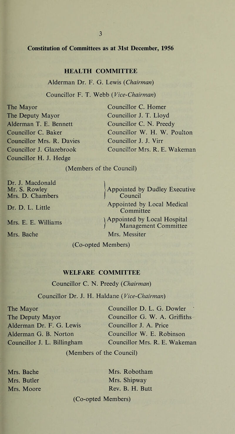 Constitution of Committees as at 31st December, 1956 HEALTH COMMITTEE Alderman Dr. F. G. Lewis (Chairman) Councillor F. T. Webb (Vice-Chairman) The Mayor The Deputy Mayor Alderman T. E. Bennett Councillor C. Baker Councillor Mrs. R. Davies Councillor J. Glazebrook Councillor H. J. Hedge (Members of Dr. J. Macdonald Mr. S. Rowley Mrs. D. Chambers Dr. D. L. Little Mrs. E. E. Williams Mrs. Bache (Co-opted Councillor C. Homer Councillor J. T. Lloyd Councillor C. N. Preedy Councillor W. H. W. Poulton Councillor J. J. Virr Councillor Mrs. R. E. Wakeman the Council) ] '•Appointed by Dudley Executive Council Appointed by Local Medical Committee ) Appointed by Local Hospital / Management Committee Mrs. Messiter Members) WELFARE COMMITTEE Councillor C. N. Preedy (Chairman) Councillor Dr. J. H. Haldane (Vice-Chairman) The Mayor The Deputy Mayor Alderman Dr. F. G. Lewis Alderman G. B. Norton Councillor J. L. Billingham Councillor D. L. G. Dowler Councillor G. W. A. Griffiths Councillor J. A. Price Councillor W. E. Robinson Councillor Mrs. R. E. Wakeman (Members of the Council) Mrs. Bache Mrs. Butler Mrs. Moore Mrs. Robotham Mrs. Shipway Rev. B. H. Butt