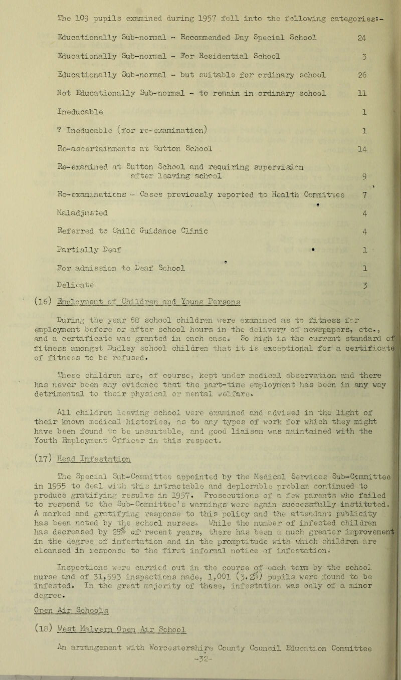 Sducationally Sub-normal - Recommended Day Special School 24 Sducationally Sub-normal - Ror Residential School 3 Sducationally Sut-ncrmaJ. - but ^suitable for ordinary school 26 Not Educationally Sub-normal - to remain in ordinary school 11 Ineducable 1 ? Ineducable (for re-examination) 1 Ro-ascer!:0,inments at Sutton School I4 P^~exaniiied at Sutton School and requiring supervisi’'-n after lea-'.i.ng scho-ol 9 Ro-examlnaticns Cases previously reported to Health Committee 7 Maladju.sted 4 Referred to Child Guidance Clr'.nic 4 Partially Deaf • 1 Eor admission to Deaf School 1 Delicate 3 (16) rhirloyrnont of Children and Youna Persons During the jiear 68 school children v;ere examined as to fitness for emiployment before or after school hours in the delivery of nev/spapors, etc. 5 and a certificate was granted in each case» So high is the eurrent standard of fitness amongst Dudley school children that it is exceptional for a certify.cate of fitness to be refused. These children are. of course, kept under medical observation and there has never been any evidence that the part-time employment has been in any way detrimental to their physical or mental v/olfaro. j All children leaving school were exar.'ined a.nd advised in the light of | their known medical histories, .as to ar..y types of work for which they might j have been found to be unsuitable, and good liaison v/<as maintained witti the Youth Snploynent Officer in this respect., j (17) Heo.d Infestation j The Special Sub-Committee appointed by the Medical Ser\mcoE Sub-Cemmittee i in 1955 to deal witli this intractable and deplorable problem continued to ! produce gratifying results in 1957. Proseeuxions of a fev/ parents v/ho failed to respond to tho Sub-Committee's w^arnings wore again successfully instituted., | A marked and gra.tifying response to this policy and the attendant publicity has teen noted by tho school nurses.. While the number of infested children has decreased by 25^ of' recent years, there has been a much greater improvement j in the degree of infestation and in the promptitude v/ith which children are i cleansed in lesqonsc to tlie first informal notice of infesxation. Inspections were c-arried out in the course of eacli term by the cchoo3. nurse and of 31?593 inspections made, 1,001 (3.2$^) pupils were found to be infestedo In the great ma.iority of these, infestation was only of 0, minor degree. Onen Air Schools (18) West Malvern Open Air Cohool An arrangement v/ith V/orcostershire County Council Education Committee
