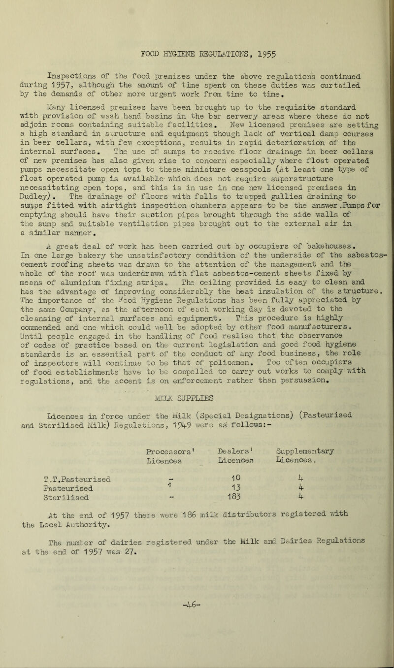FOOD HYGIENE REGULATIONS, 1955 Inspections of the food premises under, the above regulations continued during '1957? although the amount of time spent on these duties was curtailed by the demands of other more urgent vi/ork from time to time. Many licensed premises have been brought up to the requisite standard with provision of wash hand basins in the bar servery areas where these do not adjoin rooms oontaining suitable facilities, Nev»/ licensed premises are setting a high standard in structure and equipment though lack of vertical damp courses in beer cellars, with few exceptions, results in rapid deterioration of the internal surfaces. The use of sumps to receive floor drainage in beer cellars of new/ premises has also, given rise to concern especially where float operated pumps necessitate open tops to these miniature cesspools (At least one type of float operated pump is available’ w/hich does not require superstructure necessitating open tops, and this is in use in one nev>/ licensed premises in Dudley). The drainage of floors with falls to trapped gullies draining to sutg/ps fitted with airtight inspection chambers appears to be the answ/er .Pumps for emptying should have their suction pipes brought through the side walls of the sump and suitable ventilation pipes brought out to the external air in a similar manner, A great deal of work has been carried out by occupiers of bakehouses. In one large bakery the unsatisfactory condition of the underside of the asbestos- cement roofing sheets -was dravm to the attention of the management and the whole of the roof was underdrawn with flat asbestos-cement sheets fixed by means of aluminium fixing strips. The ceiling provided is easy to clean and has the advantage of improving considerably the heat insulation of the structure. The importance of the Food Hygiene Regulations has been fully appreciated by the same Company, as the afternoon of each working day is devoted to the cleansing of internal surfaces and equipment. This procedure is highly commended and one which could well be adopted by other food manufacturers. Until people engaged in the handling of food realise that the observance of codes of practice based on the- current legislation and good food hygiene standards is an essential part of the conduct of any food business, the role of inspectors will continue to be that of policemen. Too often occupiers of food establisliments have to be compelled to carry out works to comply with regulations, and the accent is on enforcement rather than persuasion, IvLILK SUPPLIES Licences in force under the Milk (Special Designations) (Pasteurised and Sterilised Milk) Regulations, 1949 were as follows:- Processors' Dealers‘ Supplementary Licences Licences Licences. T.T.Pasteurised 10 4 Pasteiirised *5 15 4 Sterilised - 183 4 At the end of 195? there were 186 milk distributors registered with the Local Authority, The number of dairies registered under the Milk and Dairies Regulations at the end of 1957 was 27. -if 6-