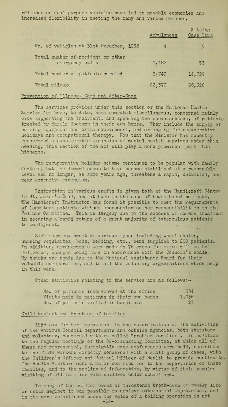 reliance on dual purpose vehicles have led to notable economies and increased flexibility in meeting the many and varied demands. Ambulances Sitting Case Car: No. of vehicles at 31st December, 1958 4 5 Total number of accident or other emergency calls 1,182 53 Total number of patients carried 3,749 14,729 Total rmleage 22,370 66,626 Prevention of Illness, Care and After-Care The services provided under this section of the National Health Service Act have, to date, been somev/hat miscellaneous, concerned mainly with supporting the treatment, and speeding the convalescence, of pa,tients treated by family doctors in their own homes. They include the supply of nursing equipment and extra nourishment, and arranging for recuperative holidays and occupational thern.py. Now that the Minister his recently encouraged a considero,ble expansion of mental health services under this heading, this section of the Act will play a more prominent part than hitherto. The recuperative holiday scheme continued to be popular with family doctors, but the dema.nd seems to have become stabilised at a reasonable level and no longer, as some years ago, threatens a rapid, unlimited, and very expensive expansion. Instruction in‘various crafts is given both at the Handicraft Centro in St. James's Hoad, and at home in the case of house-bound patients. The Handicraft Instructor has found it possible to meet the requirements of long term patients v/ithout encroaching on her responsibilities to the '^'^elfare Committee. This is largely due to the success of modern treatment in securing a’rapid return of a great majority of tuberculous patients to employments Sick room equipment of various types including wheel chairs, nursing requisites; beds, bedding, etc.,'v/ere supplied to 200 patients. In addition, arrangem.ents were made in 76 cases for extra milk to be’ delivered, charges being made in accordance with the Council's scale. My thanks are again due to the National Assistance Board for their valuable co-operation, and to all the voluntary organisations which help in this v/orkc Other sta,tistics relating to the service are as follows;-- No. of patients interviewed at the office Visits made, to patients in their own homos No, of patients visited in hospitals Child Neglect and Break-un of Families 1958 saw further improvement in the co-ordination of the activities of the various Council departments and outside agencies, both statutory and voluntary, concerned v;ith so called problem families. In addition to the regular meetings of the Co-ordinating Committee, at which all of these are represented, fortnightly case conferences were held, restricted to the field workers directly concerned with a small group of cases, v/ith the Children's Officer and Medical Officer of Health to provide continuity. The Health Visitors make a major contribution to the supervision of these families, and to the pooling of information, by virtue of their regular visiting of all families with children under school, age. In many of the earlier caises of threatened break-down of family life or child neglect it was possible to achieve substantial improvement, and in the more established cases the value of a holding operation is not -14- 334 1,036 23