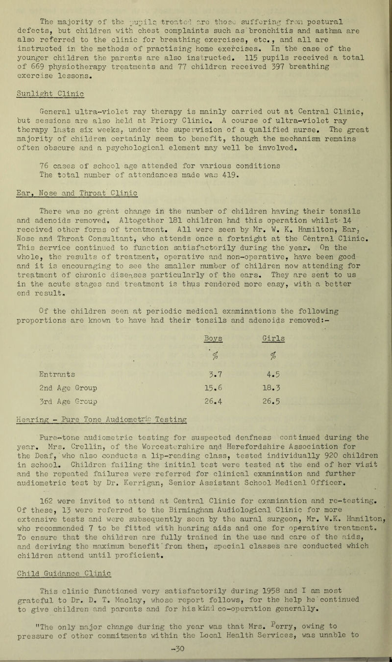 The majority of tbe ;:u2:ilc troo-toT arc thos^: sufforin/T frovi postural defects, but children with chest complaints such as'bronchitis and asthma are also referred to the clinic for breathing exercises, etc,, and all are instructed in the methods of practising home exercises. In the case of the younger children the parents are also instructed, 115 pupils received a total of 669 physiotherapy treatments and 77 children received 397 breathing exercise lessons. Sunlight Clinic G-eneral ultra-violet ray therapy is mainly carried out at Central Clinic, but sessions are also held at Priory Clinic. A course of ultra-violet ray therapy lasts six weeks, under the supervision of a qualified nurse. The great majority of children certainly seem to benefit, though the mechanism remains often obscure and a psychologica.1 element may v;ell be involved, 76 cases of school age attended for various conditions The total number of attendances made was 419. Ear, Nose a,nd Throat Clinic There v/as no great change in the number of children having their tonsils and adenoids removed. Altogether 181 children had this operation whilst-14 received other forms of treatment. All were seen by Mr, W, K, Hamilton, Ear, Nose and Throat Consultant, v/ho attends once a fortnight at the Central Clinic, This service continued to function satisfoxtorily during the year. On the whole, the results of treatment, operative and non-operative, have been good and it is encouraging to see the smaller number of children nov/ attending for trep,tment of chronic diseases particularly of the ears. They are sent to us in the acute sta.ges and treatment is thus rendered more easy, v/ith a better end result. Of the children seen at periodic medical examinations the following proportions are known to have had their tonsils and adenoids removed:- Boys Girls f. cl 7° % Entrants 3.7 4.5 2nd Age Group 15,6 18.3 3rd Age Group 26.4 26.5 Hearing - Pure Tone Audiometnic Testing Pure-tone audiometric testing for suspected deafness continued during the yea-r, Mrs. Crellin, of the Worcestc'rshire and Herefordshire Association for the Deaf,'v;ho a,lso conducts a lip-reo,ding class, tested individually 920 children in school. Children failing the initial test were tested at the end of her visit and the repeated failures were referred for clinical examination and further audiometric test by Dr. Kerrigan, Senior Assistant School Medica.1 Officer, 162 were invited to attend at Central Clinic for examination and re-testing. Of these, 13 were referred to the Birmingham Audiological Clinic for more extensive tests and were subsequently seen by the aural surgeon, Mr. W.K. Hamilton, who reoommended 7 to be fitted v/ith hearing aids and one for operative treatment. To ensure that the children are fully trained in the use and care of the aids, and deriving the m.aximum benefit'from then, special classes are conducted which children attend until proficient. Child Guidance Clinic This clinic functioned very satisfactorily during 1958 and I am most grateful to Dr. D, T. Maclay, whoso report follows, for the help he'continued to give children o.nd parents and for his kind co-operation generally, The only major cha,nge during the year was that Mrs. ^erry, owing to pressure of other commitments within the Local Health Services, was unable to -30