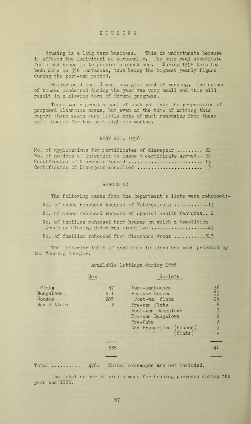 HOUSING Housing is a long tera business. This is unfortunate because it affects the individual sc personally. The only real substitute for a bad house is to provide a sound one. During 1958 this has been doie in 356 instances, thus being the highest yearly figure during the post-war period. Having said that I must nov; give word of warning. The number of houses condemned during the year was very small and this will result in a slowing dovm of future progress. There was a great amoimt of work put into the preparation of proposed clearance areas, but even at the time of writing this report there seems very little hope of much rehousing from these unfit houses for the next eighteen months. RENT ACT, 1956 No. of applications for certificates of disrepair 21 No. of notices of intention to issue a certificate served.. 21 Certificates of Disrepair issued 13 Certificates of Disrepair cancelled 5 REHOUSING The following cases from the Department's lists were rehoused:- No. of cases rehoused because of Tuberculosis ...13 No. of cases rehoused because of special health features.. 2 No. of families rehoused from houses on which a Demolition Order or Closing Order was operative 43 No. of families rehoused from Clearance Areas 313 The following table of available lettings has been provided by the Housing Manager. Available lettings during 1958 New Re-lets Plata 47 B\mgalows Nil Houses 285 Bed Sitters 3 335 Post-warhouses 36 Pre-war houses 53 Post-wa/- flats 25 Pre-war flats 6 Post-war Bungalows 5 Pre-war Bungalows 4 Pre-fabs 9 Odd Properties (houses) 3   (flats) 141 Total 476. Mutual exchanges ai’e not included. The total ntimber of visits made for housing purposes during the year was 1886.