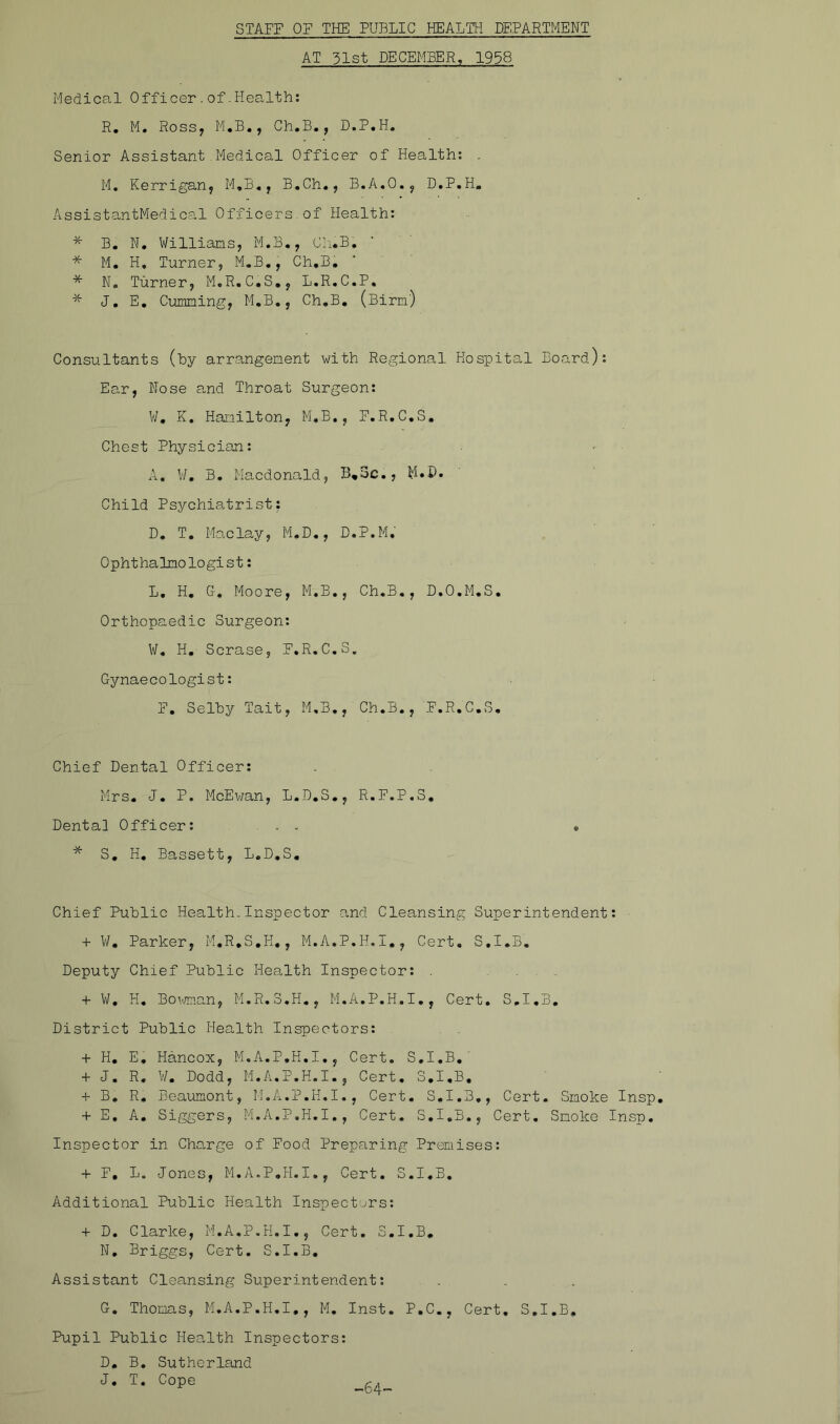 STAFF OF THE PUBLIC HEALTH DEPARTMENT AT 31st DECEMBER, 1958 Medical Officer.of - Health: R, M, Ross, M.B., Ch.B., D.P.H, Senior Assistant Medical Officer of Health: . M, Kerrigan, M,B,, B.Ch., B.A.O., D.P.H. AssistantMedical Officers of Health: * B, N, Williams, M.B., Cli.B, * M, H. Turner, M.B,, Ch.B, * N. Turner, M.R.C.S,, L.R.C.P. * J. E. Clamming, M.B,, Ch.B. (Birm) Consultants (by arrangement with Regional Hospital Board): Ear, Nose a,nd Throat Surgeon: V/, K. Hamilton, M.B., F.R.C.S. Chest Physician: ■ A. W. B. Macdonald, B,3c., ' Child Psychiatrist: D, T, Maclay, M.D,, D.P.M. Ophthalmologist: ■ L, H, G, Moore, M.B., Ch.B., D.O.M.S, Orthopaedic Surgeon: W, H, Scrase, F.R.C.S. Gynaecologist: F, Selby Tait, M.B., Ch.B., F.R.C.S, Chief Dental Officer: Mrs. J. P. McEv/an, L.D.S., R.F.P.S, Dental Officer: . . , * S, H, Bassett, L.D.S, Chief Public Health.Inspector and Cleansing Superintendent: + W, Parker, M.R.S.H,, M.A.P.H.I., Cert, S.I.B, Deputy Chief Public Health Inspector: + W, H, Bovmian, M.R.S.H., M.A.P.H.I,, Cert, S.I.B, District Public Health Inspectors: . . + H, E, Hancox, M.A.P.H.I., Cert, S.I.B,' + J. R, W. Dodd, M.A.P.H.I., Cert, S.I.B, + B, R, Beaumont, M.A.P.H.I., Cert. S.I.B,, Cert. Smoke Insp + E, A, Siggers, M.A.P.H.I,, Cert. S.I.B., Cert, Smoke Insp, Inspector in Cha,rge of Food Preparing Premises: + F, L. Jones, M.A.P.H.I,, Cert. S.I.B, Additional Public Health Inspectors: + D, Clarke, M.A.P.H.I,, Cert, S.I.B, N, Briggs, Cert. S.I.B, Assistant Cleansing Superintendent: G, Thomas, M.A.P.H.I,, M, Inst. P.C., Cert. S.I.B, Pupil Public Health Inspectors: D, B, Sutherland J. T. Cope b4-