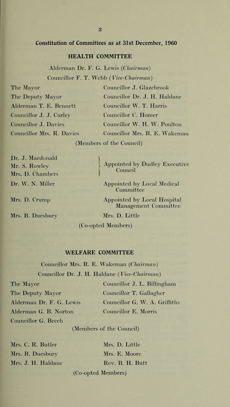 Constitution of Committees as at 31st December, 1960 The Mayor The Deputy Mayor Alderman T. E. Bennett Councillor J. J. Curley Councillor J. Davies Councillor Mrs. R. Davies HEALTH COMMITTEE Alderman Dr. F. G. Lewis (Chairman) Councillor F. T. Webb ( Vice-Chairman) Councillor J. Glazebrook Councillor Dr. J. H. Haldane Councillor W. T. Harris Councillor C. Homer Councillor W. H. W. Poulton Councillor Mrs. R. E. Wakeman (Members of the Council) Dr. J. Macdonald Mr. S. Rowley Mrs. D. Chambers Dr. W. N. Miller Mrs. D. Crump Mrs. B. Duesbury (Appointed by Dudley Executive Council Appointed by Local Medical Committee Appointed by Local Hospital Management Committee Mrs. D. Little (Co-opted Members) WELFARE COMMITTEE Councillor Mrs. R. E. Wakeman (Chairman) Councillor Dr. J. H. The Mayor The Deputy Mayor Alderman Dr. F. G. Lewis Alderman G. B. Norton Councillor G. Beech Haldane (Vice-Chairman) Councillor J. L. Billingham Councillor T. Gallagher Councillor G. W. A. Griffiths Councillor E. Morris (Members of the Council) Mrs. C. R. Butler Mrs. B. Duesbury Mrs. J. H. Haldane Mrs. D. Little Mrs. E. Moore Rev. B. H. Butt (Co-opted Members)