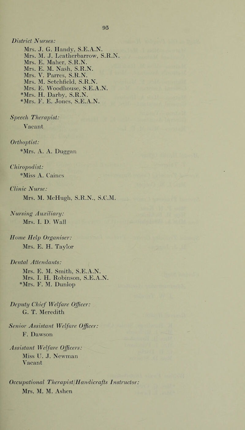 District Nurses: Mrs. J. G. Handy, S.E.A.N. Mrs. M. J. Leatherbarrow, S.R.N. Mrs. E. Maher, S.R.N. Mrs. E. M. Nash, S.R.N. Mrs. V. Parres, S.R.N. Mrs. M. Setchfield, S.R.N. Mrs. E. Woodhouse. S.E.A.N. *Mrs. H. Darby, S.R.N. *Mrs. F. E. Jones, S.E.A.N. Speech Therapist: Vacant Orthoptist: *Mrs. A. A. Duggan Chiropodist: *Miss A. Caines Clinic Nurse: Mrs. M. McHugh, S.R.N., S.C.M. Nursing Auxiliary: Mrs. I. D, Wall Home Help Organiser: Mrs. E. H. Taylor Dental Attendants: Mrs. E. M. Smith, S.E.A.N. Mrs. I. H. Robinson, S.E.A.N. *Mrs. F. M. Dunlop Deputy Chief Welfare Officer: G. T. Meredith Senior Assistant Welfare Officer: F. Dawson Assistant Welfare Officers: Miss U. J. Newman Vacant Occupat iorial TherapistjHa ndicrafts Instructor: Mrs. M. M. Ashen