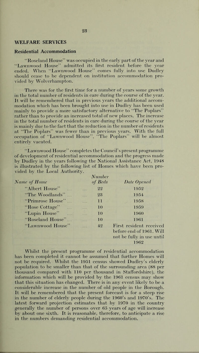 WELFARE SERVICES Residential Accommodation 23 “Roseland House” was occupied in the early part of the year and “Lawnwood House” admitted its first resident before the year ended. When “Lawnwood House” comes fully into use Dudley should cease to be dependent on institution accommodation pro- vided by Wolverhampton. There was for the first time for a number of years some growth in the total number of residents in care during the course of the year. It will be remembered that in previous years the additional accom- modation which has been brought into use in Dudley has been used mainly to provide a more satisfactory alternative to “The Poplars” rather than to provide an increased total of new places. The increase in the total number of residents in care during the course of the year is mainly due to the fact that the reduction in the number of residents at “The Poplars” was fewer than in previous years. With the full occupation of “Lawnwood House”, “The Poplars” will be almost entirely vacated. “Lawnwood House” completes the Council's present programme of development of residential accommodation and the progress made by Dudley in the years following the National Assistance Act. 1948 is illustrated by the following list of Homes which have been pro- vided by the Local Authority. Name of Home “Albert House” “The Woodlands” .... “Primrose House” .... “Rose Cottage” “Lupin House” “Roseland House”.... “Lawnwood House” Number of Beds Date Opened 22 1952 23 1954 11 1958 10 1959 10 1960 10 1961 42 First resident received before end of 1961. Will not be fully in use until 1962 Whilst the present programme of residential accommodation has been completed it cannot be assumed that further Homes will not be required. Whilst the 1951 census showed Dudley’s elderly population to be smaller than that of the surrounding area (88 per thousand compared with 110 per thousand in Staffordshire), the information which will be provided by the 1961 census may show that this situation has changed. There is in any event likely to be a considerable increase in the number of old people in the Borough. It will be remembered that the present forecast is for a steep rise in the number of elderly people during the 1960’s and 1970’s. The latest forward projection estimates that by 1970 in the country generally the number of persons over 65 years of age will increase by about one sixth. It is reasonable, therefore, to anticipate a rise in the numbers demanding residential accommodation.