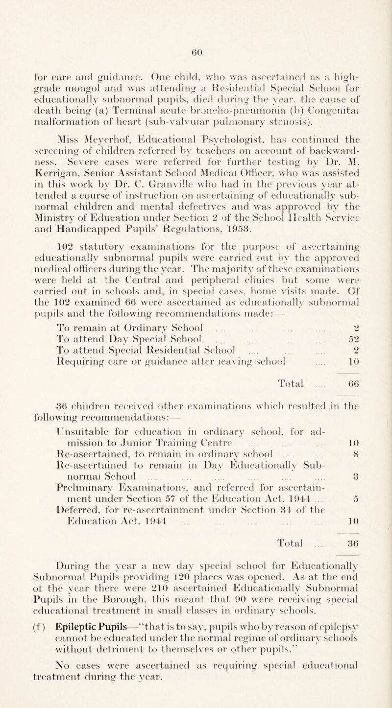 for care and guidance. One cliild, wlu) was ascertained as a high- grade inongol and was attending a Residential Special School for educationally subnormal pupils, died during tlie year, tlie eause of death being (a) Terminal acute broncho-pneumonia (b) Congenital malformation of heart (sub-valvular pulmonary stenosis). Miss Meyerhof, Educational Psychologist, has continued the sereening of children referred by teachers on account of backward- ness. Severe eases were referred for further testing by Dr. M. Kerrigan, Senior Assistant Sehool Medieai Officer, who was assisted in this work by Dr, C. (iranville who had in the previous year at- tended a course of instruetion on ascertaining of educationally sub- normal children and mental defectives and was approved by the Ministry of Education under Section 2 of the School Health Service and Handicapped Pupils’ Regulations, 1953. 102 statutory examinations for the pur})ose of ascertaining educationally subnormal })upils were carried out by the approved medical officers during the year. The majority of these examinations were held at the Central and peripheral clinics but some were carried out in schools and, in special cases, home visits made. f)f the 102 examined 66 were ascertained as educationally subnormal pi’.pils and the following recommendations made: - To remain at Ordinary School . ... . .. 2 To attend Day Special School .... . .. . . . 52 To attend Special Residential School .... .... .... 2 Requiring care or guidance alter leaving school .... 10 Total .... 66 36 children received other examinations whi(‘h resulted in the following recommendations: - Unsuitable for education in ordinarv school, for ad- */ mission to Junior Training Centre .... . . . . 10 Re-ascertained, to remain in ordinary school .. . . 8 Re-ascertained to remain in Day Educationally Sub- normal School . . . . .. . . .. 3 Preliminary Examinations, and referred for ascertain- ment under Section 57 of the Education Act, 1944 .... 5 Deferred, for re-ascertainment under Section 34 of the Education Act, 1944 .. . . .... . 10 Total .... 36 During the year a new day special school for Educationally Subnormal Pupils jiroviding 120 places was opened. As at the end ot the vear there were 210 ascertained Educationallv Subnormal Pu})ils in the Borough, this meant that 90 were receiving special educational treatment in small classes in ordinary schools. (f) Epileptic Pupils “that is to say, pupils who by reason of epilepsy cannot be educated under the normal regime of ordinary schools without detriment to themselves or other pu})ils.’' No eases were ascertained as requiring special educational treatment during the year.