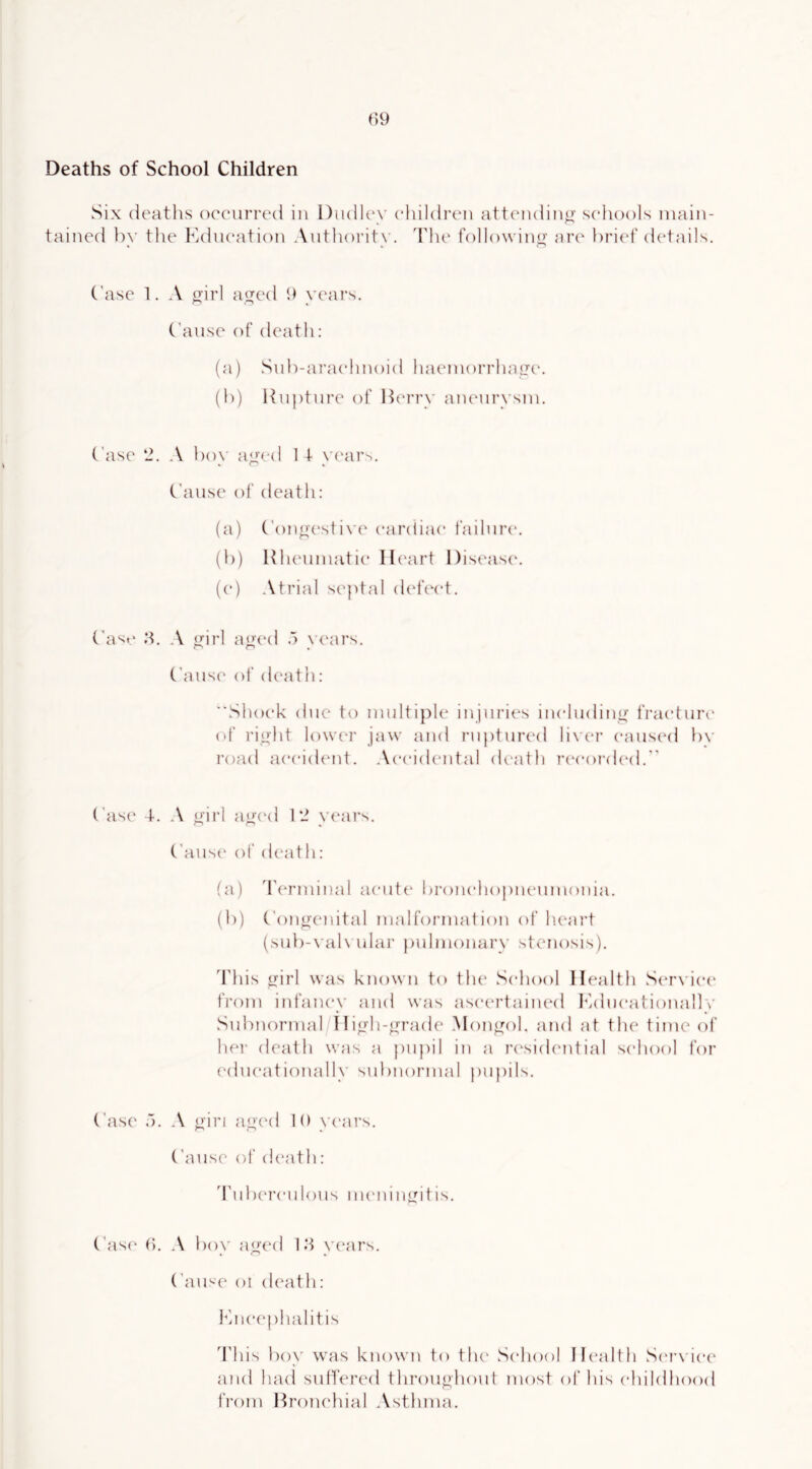 Deaths of School Children Six deaths occurred in Dudley children attending' schools main- tained by the Education Authority. The followiniJ' are brief details. Ease 1. .V irl ai^ed h veai’s. Eanse of death: (a) wSnb-araehnoid haeinorrhaije. (b) Rupture of Herry aneurysm. Ease 2. A boy ayn-d 1 t year^. Cdiuse of death: (a) Eonyestive cardiac I'ailure. (b) Rheumatie IR'art Dist'as(\ (e) Atrial septal d(d'(Md. Ea'^t' .‘b A yirl ayed .) y{'ars. ('aus(' oj‘ d(‘ath: Shock due to multi{)le injuries ineludiny fraeturt' of riyht lowaa’ jaw and ruptured lixaa' caused bv road accident. Aceidcmtal death r(‘eord(‘d.'' Ease 4. A yirl ayc'd 12 years. Eaus(‘ of death: (a) dkamiinal aeutt* bronchopneumonia. (b) Eonyenital malformation of heart (sub-\'al\ ular pulmonary stenosis). 'I'his yirl was known to the School Health S(*rvie(‘ from infancy and was asecadained ladneationally Subnormal Hiyh-yrade .Mongol, and at the time ol’ hei' death was a pupil in a r(\sidential school for educationally subnormal pupils. Ease 5. A yin ayed 10 \’(‘ars. C’ause of (haith: 'rulx'reulous numinyitis. (’as(' (). A bo\' ay(‘d l.S years. ('ame oi (haith: ]Mie(‘phahtis 4'his boy was known to tlu' School Health S(M’\'ie(' and liad suffered throuyhout most of his childhood from Bronchial Asthma.