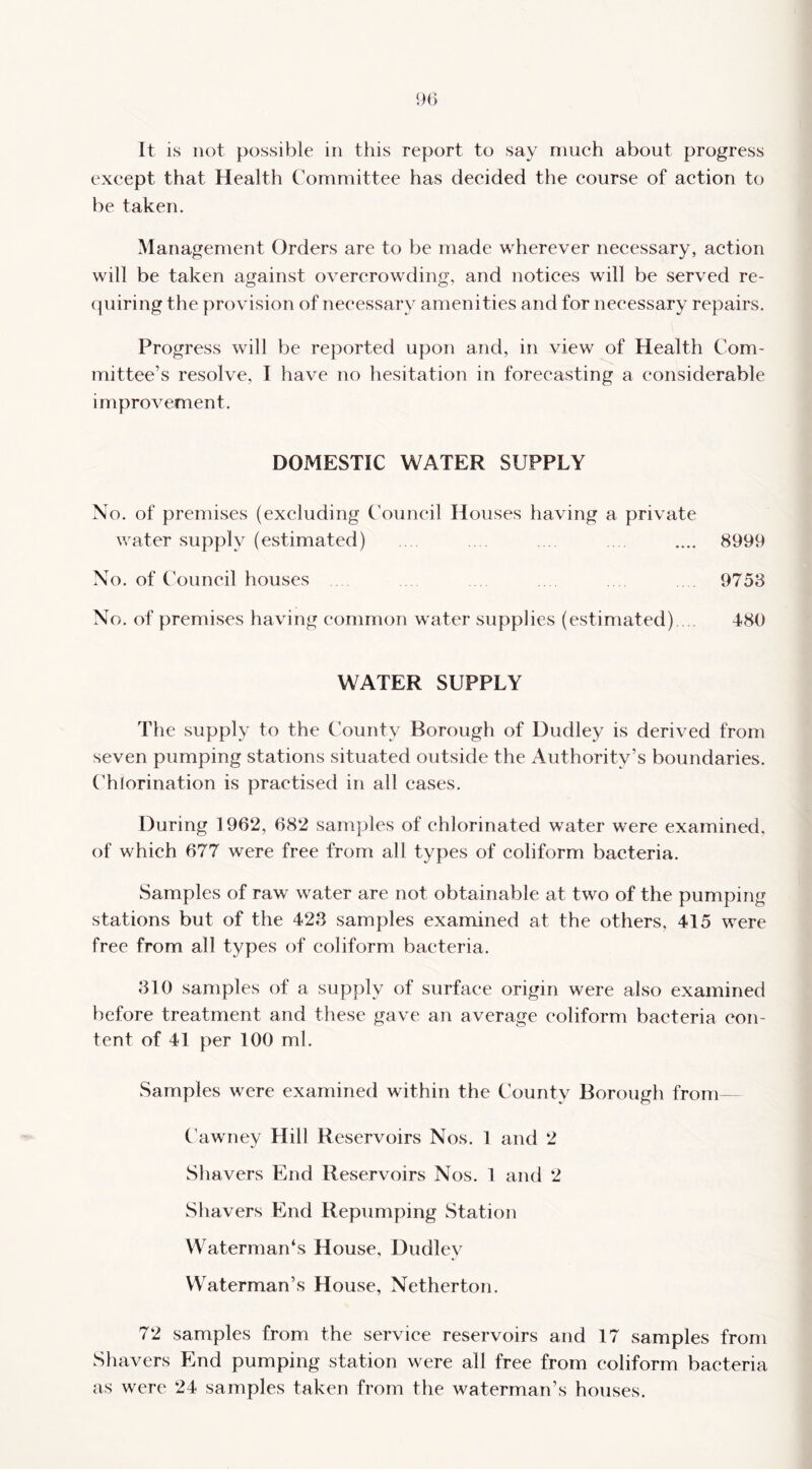 It is not possible in this report to say much about progress except that Health Committee has decided the course of action to be taken. Management Orders are to be made wherever necessary, action will be taken against overcrowding, and notices will be served re- (]uiring the provision of necessary amenities and for necessary repairs. Progress will be reported upon and, in view of Health Com- mittee’s resolve, I have no hesitation in forecasting a considerable improvement. DOMESTIC WATER SUPPLY No. of premises (excluding Council Houses having a private water supply (estimated) . .... 8999 No. of Council houses 9753 No. of premises having common water supplies (estimated) 480 WATER SUPPLY The supply to the County Borough of Dudley is derived from seven pumping stations situated outside the Authority’s boundaries. Chlorination is practised in all cases. During 1962, 682 samples of chlorinated water were examined, of which 677 were free from all types of coliform bacteria. Samples of raw water are not obtainable at two of the pumping stations but of the 423 samples examined at the others, 415 were free from all types of coliform bacteria. 310 samples of a supply of surface origin were also examined before treatment and these gave an average coliform bacteria con- tent of 41 per 100 ml. Samples were examined within the County Borough from- Cawney Hill Reservoirs Nos. 1 and 2 Shavers End Reservoirs Nos. 1 and 2 Shavers End Repumping Station Waterman‘s House, Dudley Waterman’s House, Netherton. 72 samples from the service reservoirs and 17 samples from Shavers End pumping station were all free from coliform bacteria as were 24 samples taken from the waterman’s houses.