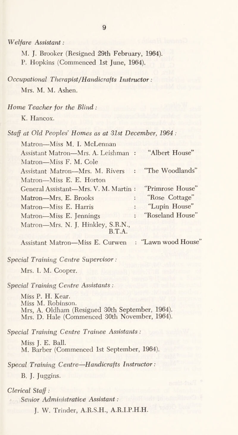 Welfare Assistant: M. J. Brooker (Resigned 29th February, 1964). P. Hopkins (Commenced 1st June, 1964). Occupational Therapist/Handicrafts Instructor : Mrs. M. M. Ashen. Home Teacher for the Blmd : K. Hancox. Staff at Old Peoples Homes as at 31st December, 1964 : Matron—Miss M. I. McLennan Assistant Matron—Mrs. A. Leishman : Matron—Miss F. M. Cole Assistant Matron—Mrs. M. Rivers : Matron—Miss E. E. Horton General Assistant—Mrs. V. M. Martin : Matron—Mrs. E. Brooks : Matron—Miss E. Harris : Matron—Miss E. Jennings : Matron—Mrs. N. J. Hinkiey, S.R.N., B.T.A. Assistant Matron—Miss E. Curwen : Special Training Centre Supervisor: Mrs. 1. M. Cooper. Special Training Centre Assistants: Miss P. H. Kear. Miss M. Robinson. Mrs, A. Oldham (Resigned 30th September, 1964). Mrs. D. Hale (Commenced 30th November, 1964). Special Training Centre Trainee Assistants: Miss J. E. Ball. M. Barber (Commenced 1st September, 1964). Specal Training Centre—Handicrafts Instructor: B. J. Juggins. Clerical Staff: Senior Admmistrative Assistant: J. W. Trinder, A.R.S.H., A.R.I.P.H.H. “Albert House” “The Woodlands” “Primrose House” “Rose Cottage” “Lupin House” “Roseland House” “Lawn wood House”