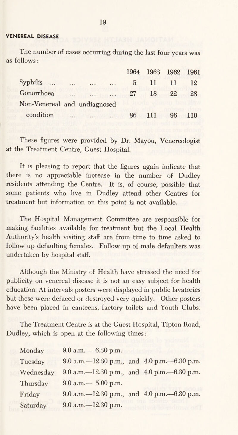 VENEREAL DISEASE The number of cases occurring during the last four years was as follows: Syphilis ... ••• ••• ••• 1964 5 1963 11 1962 11 1961 12 Gonorrhoea ••• ••• 27 18 22 28 Non-Venereal condition and undiagnosed 86 111 96 110 These figures were provided by Dr. Mayou, Venereologist at the Treatment Centre, Guest Hospital. It is pleasing to report that the figures again indicate that there is no appreciable increase in the number of Dudley residents attending the Centre. It is, of course, possible that some patients who live in Dudley attend other Centres for treatment but information on this point is not available. The Hospital Management Committee are responsible for making facilities available for treatment but the Local Health Authority’s health visiting staff are from time to time asked to follow up defaulting females. Follow up of male defaulters was undertaken by hospital staff. Although the Ministry of Health have stressed the need for publicity on venereal disease it is not an easy subject for health education. At intervals posters were displayed in public lavatories but these were defaced or destroyed very quickly. Other posters have been placed in canteens, factory toilets and Youth Clubs. The Treatment Centre is at the Guest Hospital, Tipton Road, Dudley, which is open at the following times: Monday Tuesday Wednesday Thursday Friday Saturday 9.0 a.m.— 6.30 p.m. 9.0 a.m.—12.30 p.m., and 4.0 p.m.—6.30 p.m. 9.0 a.m.—12.30 p.m., and 4.0 p.m.—6.30 p.m. 9.0 a.m.— 5.00 p.m. 9.0 a.m.—12.30 p.m., and 4.0 p.m.—6.30 p.m. 9.0 a.m.—12.30 p.m.