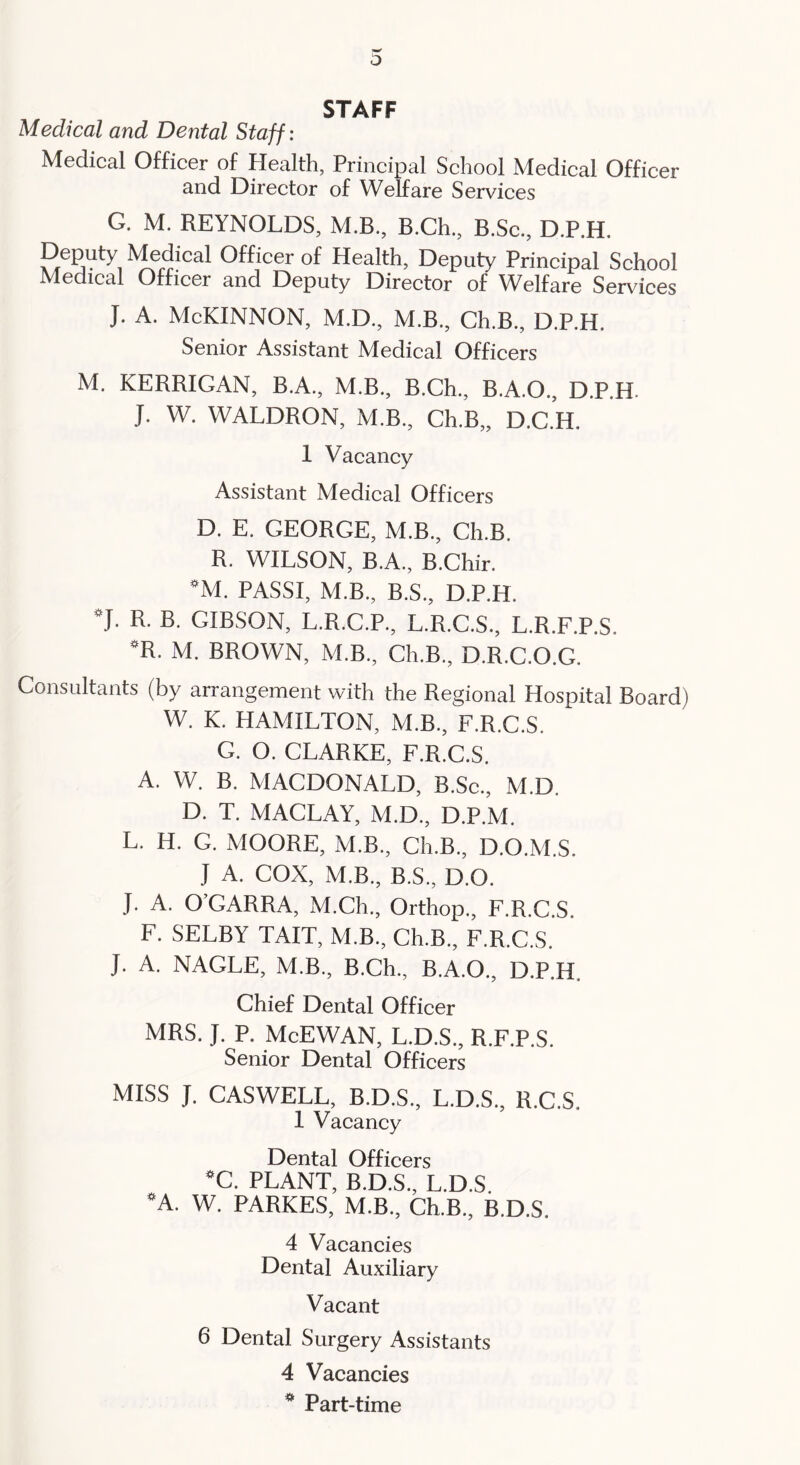 STAFF Medical and Dental Staff: Medical Officer of Health, Principal School Medical Officer and Director of Welfare Services G. M. REYNOLDS, M.B., B.Ch., B.Sc,, D.P.H. Deputy Medical Officer of Health, Deputy Principal School Medical Officer and Deputy Director of Welfare Services j. A. McKinnon, m.d., m.b., ch.B., d.p.h. Senior Assistant Medical Officers M. KERRIGAN, B.A., M.B., B.Ch., B.A.O., D.P.H. J. W. WALDRON, M.B., Ch.B,, D.C.H. 1 Vacancy Assistant Medical Officers D. E. GEORGE, M.B., Ch.B. R. WILSON, B.A., B.Chir. ^M. PASSI, M.B., B.S., D.P.H. J. R. B. GIBSON, L.R.C.P., L.R.C.S., L.R.F.P.S. *R. M. BROWN, M.B., Ch.B., D.R.C.O.G. Consultants (by arrangement with the Regional Hospital Board) W. K. HAMILTON, M.B., F.R.C.S. G. O. CLARKE, F.R.C.S. A. W. B. MACDONALD, B.Sc., M.D. D. T. MACLAY, M.D., D.P.M. L. H. G. MOORE, M.B., Ch.B., D.O.M.S. J A. COX, M.B., B.S., D.O. J. A. O’GARRA, M.Ch., Orthop., F.R.C.S. F. SELBY TAIT, M.B., Ch.B., F.R.C.S. J. A. NAGLE, M.B., B.Ch., B.A.O., D.P.H. Chief Dental Officer MRS. J. P. McEWAN, L.D.S., R.F.P.S. Senior Dental Officers MISS J. CASWELL, B.D.S., L.D.S., R.C.S. 1 Vacancy Dental Officers 'C. PLANT, B.D.S., L.D.S. “A. W. PARKES, M.B., Ch.B,, B.D.S. 4 Vacancies Dental Auxiliary Vacant 6 Dental Surgery Assistants 4 Vacancies * Part-time