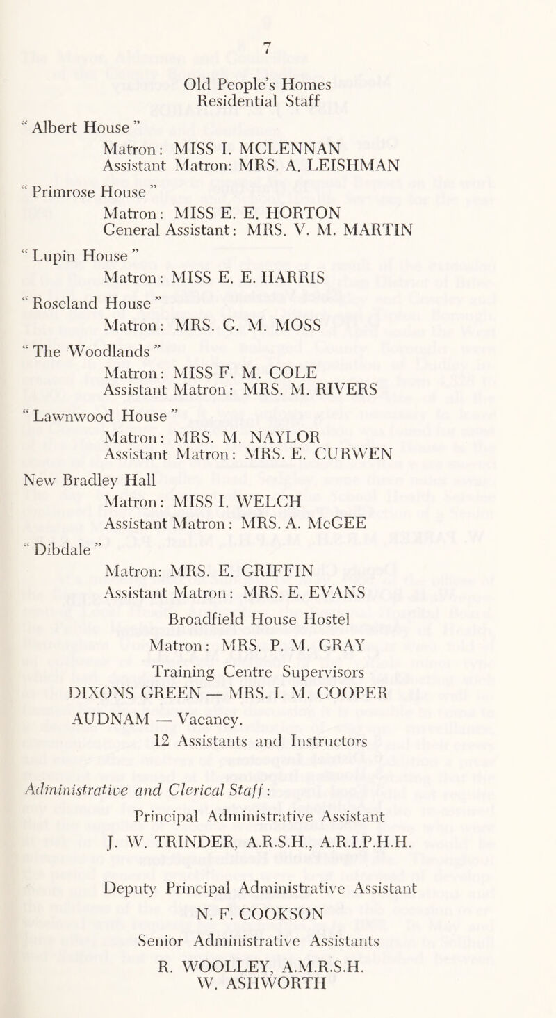 i Old People’s Homes Residential Staff ‘‘ Albert House ” Matron: MISS 1. MCLENNAN Assistant Matron; MRS. A. LEISHMAN “ Primrose House ” Matron: MISS E. E. HORTON General Assistant: MRS. V. M. MARTIN “ Lupin House ” Matron: MISS E. E. HARRIS “ Roseland House ” Matron; MRS. G. M. MOSS “ The Woodlands ” Matron: MISS F. M. COLE Assistant Matron; MRS. M. RIVERS “ Lawnwood House ” Matron: MRS. M. NAYLOR Assistant Matron: MRS. E. CURWEN New Bradley Hall Matron: MISS I. WELCH Assistant Matron: MRS. A. McGEE “ Dibdale ” Matron: MRS. E. GRIFFIN Assistant Matron: MRS. E. EVANS Broadfield House Hostel Matron: MRS. P. M. GRAY Training Centre Supervisors DIXONS GREEN — MRS. I. M. COOPER AUDNAM — Vacancy. 12 Assistants and Instructors Administrative and Clerical Staff: Principal Administrative Assistant J. W. TRINDER, A.R.S.H., A.R.I.P.H.H. Deputy Principal Administrative Assistant N. F. COOKSON Senior Administrative Assistants R. WOOLLEY, A.M.R.S.H. W. ASHWORTH