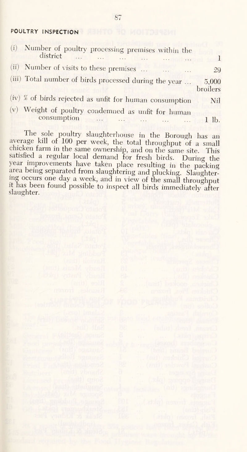 POULTRY [NSPECTfON (i) Number of poultry processijig premises within the district ... ... ... 2 (ii) Number of visits to these premises ... ... 29 (iii) Total number of birds processed during the year ... 5,000 broilers (iv) % of birds rejected as unfit for human consumption Nil (v) Weight of poultry condemned as unfit for human consumi^tion ... ... ... 1 lb. The sole poultry slaughterhouse in the Borough has an average kill of 100 per week, the total through^Dut of a small chicken farm in the same ownership, and on the same site. This satisfied a regular local demand for fresh birds. During the year improvements have taken jih^ce resulting in the packin^^ area being separated from slaughtering and plucking. Slaughter^ ing occurs one day a week, and in view of the small throughput It has been found possible to inspect all birds immediately after slaughter.
