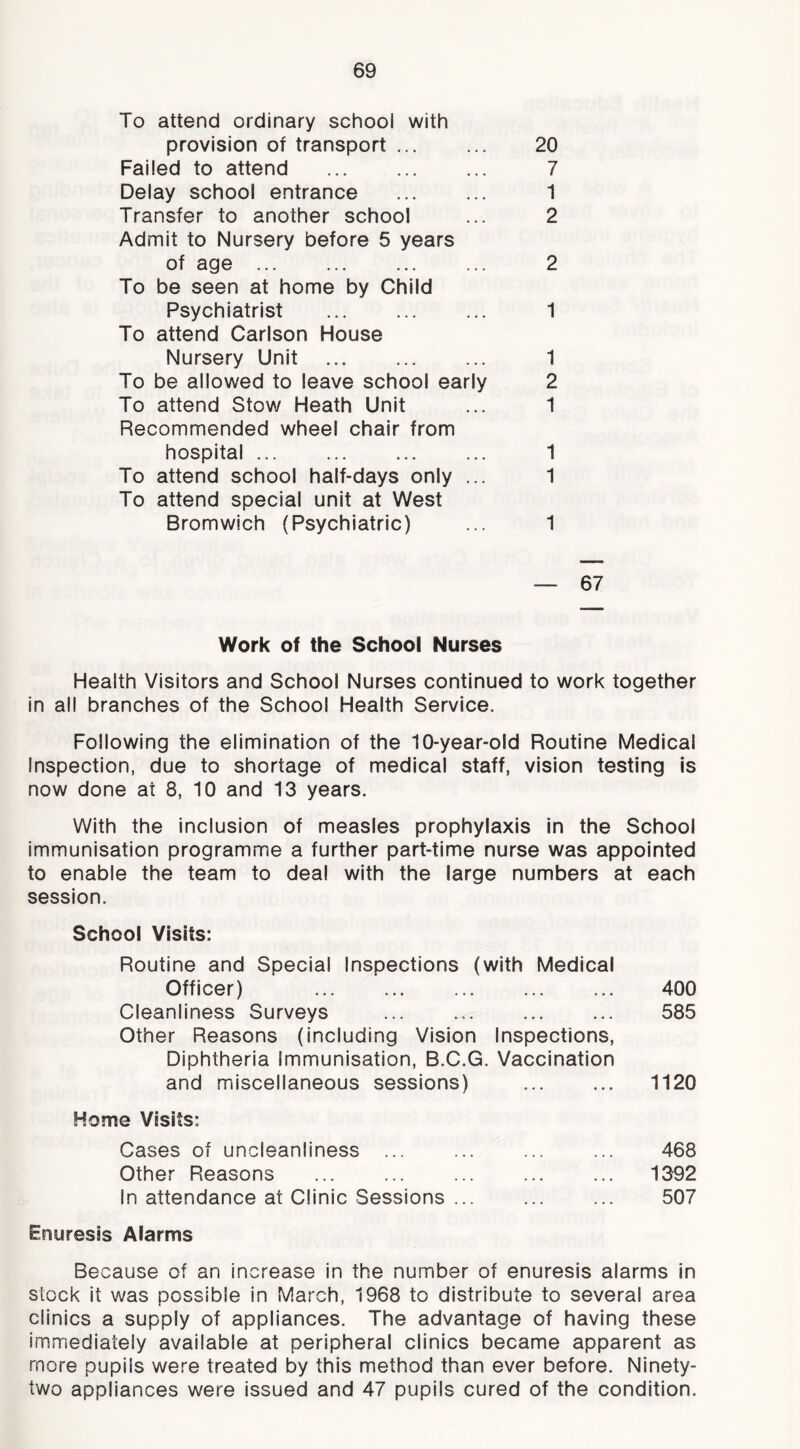 To attend ordinary school with provision of transport 20 Failed to attend 7 Delay school entrance ... ... 1 Transfer to another school ... 2 Admit to Nursery before 5 years of age 2 To be seen at home by Child Psychiatrist 1 To attend Carlson House Nursery Unit 1 To be allowed to leave school early 2 To attend Stow Heath Unit ... 1 Recommended wheel chair from hospital 1 To attend school half-days only ... 1 To attend special unit at West Bromwich (Psychiatric) ... 1 — 67 Work of the School Nurses Health Visitors and School Nurses continued to work together in all branches of the School Health Service. Following the elimination of the 10-year-old Routine Medical Inspection, due to shortage of medical staff, vision testing is now done at 8, 10 and 13 years. With the inclusion of measles prophylaxis in the School immunisation programme a further part-time nurse was appointed to enable the team to deal with the large numbers at each session. School Visits: Routine and Special Inspections (with Medical Officer) ... ... Cleanliness Surveys Other Reasons (including Vision Inspections, Diphtheria Immunisation, B.C.G. Vaccination and miscellaneous sessions) Home Visits: Cases of uncleanliness ... Other Reasons In attendance at Clinic Sessions ... Enuresis Alarms Because of an increase in the number of enuresis alarms in stock it was possible in March, 1968 to distribute to several area clinics a supply of appliances. The advantage of having these immediately available at peripheral clinics became apparent as more pupils were treated by this method than ever before. Ninety- two appliances were issued and 47 pupils cured of the condition. 400 585 1120 468 1392 507