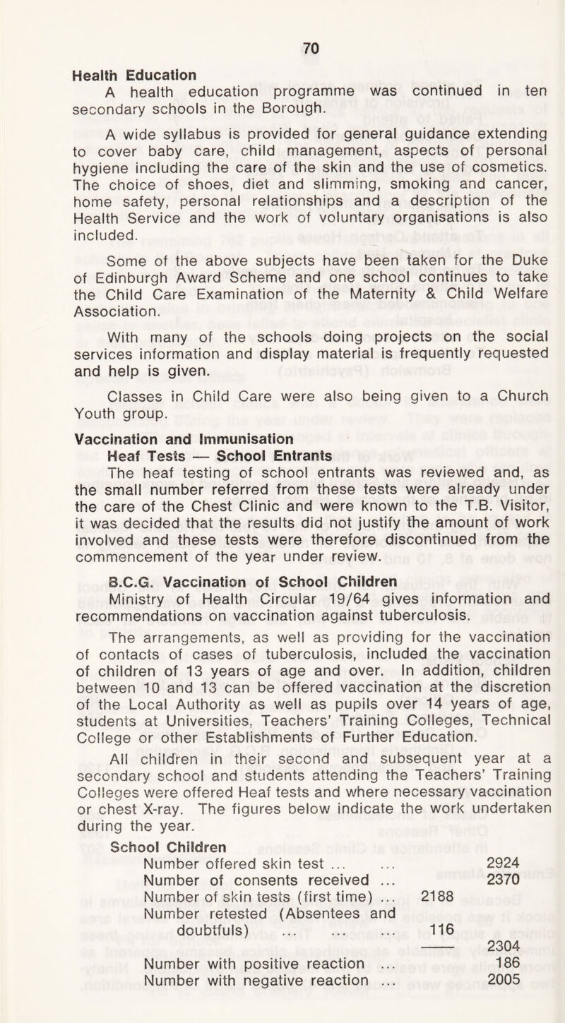 Health Education A health education programme was continued in ten secondary schools in the Borough. A wide syllabus is provided for general guidance extending to cover baby care, child management, aspects of personal hygiene including the care of the skin and the use of cosmetics. The choice of shoes, diet and slimming, smoking and cancer, home safety, personal relationships and a description of the Health Service and the work of voluntary organisations is also included. Some of the above subjects have been taken for the Duke of Edinburgh Award Scheme and one school continues to take the Child Care Examination of the Maternity & Child Welfare Association. With many of the schools doing projects on the social services information and display materia! is frequently requested and help is given. Classes in Child Care were also being given to a Church Youth group. Vaccination and Immunisation Heaf Tests — School Entrants The heaf testing of school entrants was reviewed and, as the small number referred from these tests were already under the care of the Chest Clinic and were known to the T.B. Visitor, it was decided that the results did not justify the amount of work involved and these tests were therefore discontinued from the commencement of the year under review. B.C.G. Vaccination of School Children Ministry of Health Circular 19/64 gives information and recommendations on vaccination against tuberculosis. The arrangements, as well as providing for the vaccination of contacts of cases of tuberculosis, included the vaccination of children of 13 years of age and over. In addition, children between 10 and 13 can be offered vaccination at the discretion of the Local Authority as well as pupils over 14 years of age, students at Universities, Teachers’ Training Colleges, Technical College or other Establishments of Further Education. All children in their second and subsequent year at a secondary school and students attending the Teachers’ Training Colleges were offered Heaf tests and where necessary vaccination or chest X-ray. The figures below Indicate the work undertaken during the year. School Children Number offered skin test ... 2924 Number of consents received ... 2370 Number of skin tests (first time) ... Number retested (Absentees and 2188 doubtfuls) 116 2304 Number with positive reaction ... 186 Number with negative reaction ... 2005
