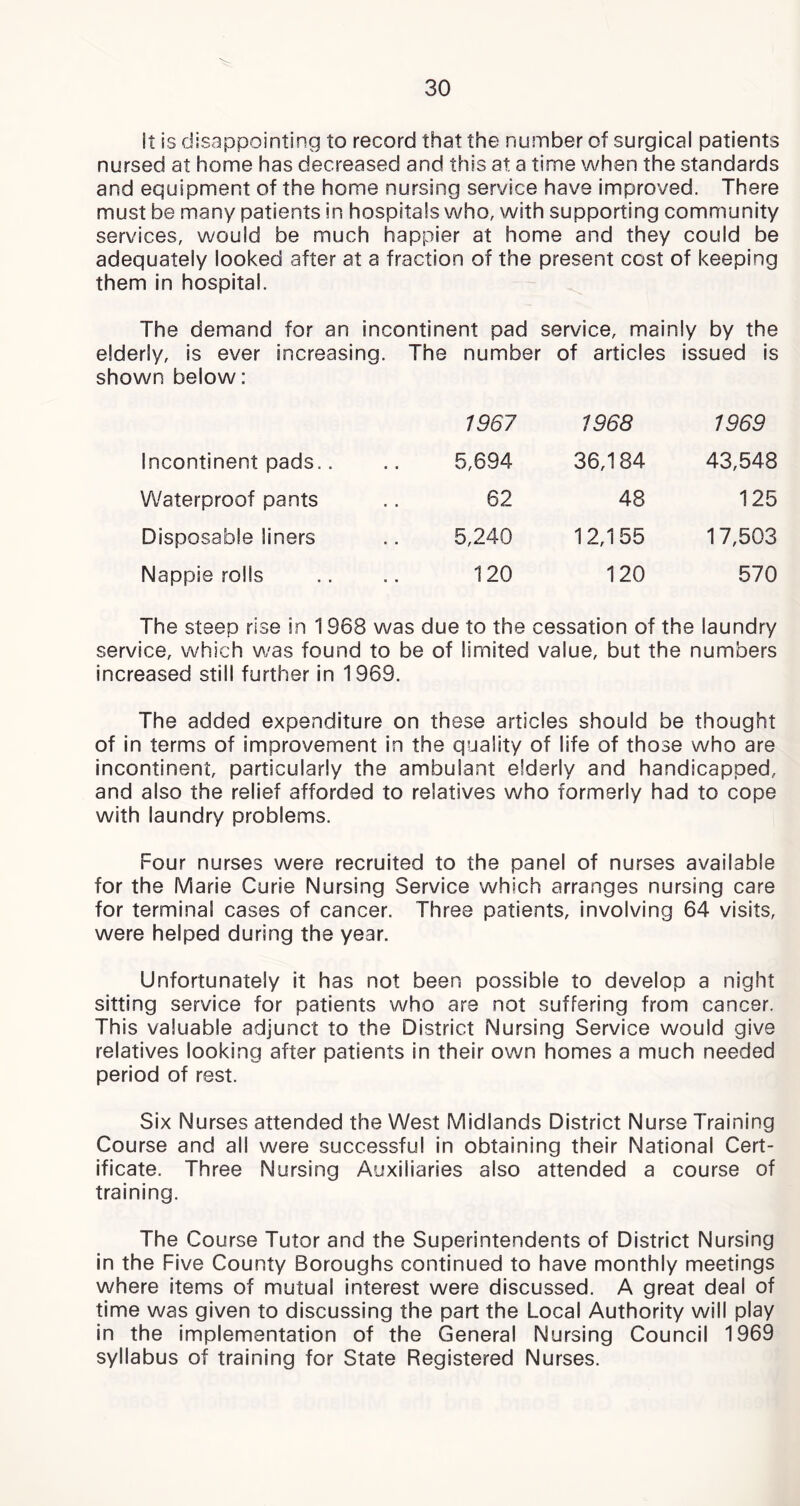 It is disappointing to record that the number of surgical patients nursed at home has decreased and this at a time when the standards and equipment of the home nursing service have improved. There must be many patients in hospitals who, with supporting community services, would be much happier at home and they could be adequately looked after at a fraction of the present cost of keeping them in hospital. The demand for an incontinent pad service, mainly by the elderly, is ever increasing, shown below: The number of articles issued is 1967 1968 1969 Incontinent pads.. 5,694 36,184 43,548 Waterproof pants 62 48 125 Disposable liners 5,240 12,155 17,503 Nappie rolls 120 120 570 The steep rise in 1368 was due to the cessation of the laundry service, which was found to be of limited value, but the numbers increased still further in 1969. The added expenditure on these articles should be thought of in terms of improvement in the quality of life of those who are incontinent, particularly the ambulant elderly and handicapped, and also the relief afforded to relatives who formerly had to cope with laundry problems. Four nurses were recruited to the panel of nurses available for the Marie Curie Nursing Service which arranges nursing care for terminal cases of cancer. Three patients, involving 64 visits, were helped during the year. Unfortunately it has not been possible to develop a night sitting service for patients who are not suffering from cancer. This valuable adjunct to the District Nursing Service would give relatives looking after patients in their own homes a much needed period of rest. Six Nurses attended the West Midlands District Nurse Training Course and all were successful in obtaining their National Cert- ificate. Three Nursing Auxiliaries also attended a course of training. The Course Tutor and the Superintendents of District Nursing in the Five County Boroughs continued to have monthly meetings where items of mutual interest were discussed. A great deal of time was given to discussing the part the Local Authority will play in the implementation of the General Nursing Council 1969 syllabus of training for State Registered Nurses.