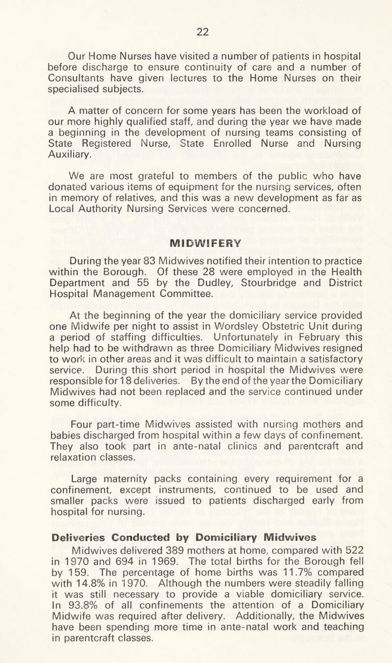 Our Home Nurses have visited a number of patients in hospital before discharge to ensure continuity of care and a number of Consultants have given lectures to the Home Nurses on their specialised subjects. A matter of concern for some years has been the workload of our more highly qualified staff, and during the year we have made a beginning in the development of nursing teams consisting of State Registered Nurse, State Enrolled Nurse and Nursing Auxiliary. We are most grateful to members of the public who have donated various items of equipment for the nursing services, often in memory of relatives, and this was a new development as far as Local Authority Nursing Services were concerned. MIDWIFERY During the year 83 Midwives notified their intention to practice within the Borough. Of these 28 were employed in the Health Department and 55 by the Dudley, Stourbridge and District Hospital Management Committee. At the beginning of the year the domiciliary service provided one Midwife per night to assist in Wordsley Obstetric Unit during a period of staffing difficulties. Unfortunately in February this help had to be withdrawn as three Domiciliary Midwives resigned to work in other areas and it was difficult to maintain a satisfactory service. During this short period in hospital the Midwives were responsible for 18 deliveries. By the end of the year the Domiciliary Midwives had not been replaced and the service continued under some difficulty. Four part-time Midwives assisted with nursing mothers and babies discharged from hospital within a few days of confinement. They also took part in ante-natal clinics and parentcraft and relaxation classes. Large maternity packs containing every requirement for a confinement, except instruments, continued to be used and smaller packs were issued to patients discharged early from hospital for nursing. Deliveries Conducted by Domiciliary Midwives Midwives delivered 389 mothers at home, compared with 522 in 1970 and 694 in 1969. The total births for the Borough fell by 159. The percentage of home births was 11.7% compared with 14.8% in 1970. Although the numbers were steadily falling it was still necessary to provide a viable domiciliary service. In 93.8% of all confinements the attention of a Domiciliary Midwife was required after delivery. Additionally, the Midwives have been spending more time in ante-natal work and teaching in parentcraft classes.