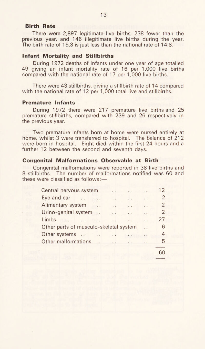 Birth Rate There were 2,897 legitimate live births, 238 fewer than the previous year, and 146 illegitimate live births during the year. The birth rate of 15.3 is just less than the national rate of 14.8. Infant Mortality and Stillbirths During 1972 deaths of infants under one year of age totalled 49 giving an infant mortality rate of 16 per 1,000 live births compared with the national rate of 17 per 1,000 live births. There were 43 stillbirths, giving a stillbirth rate of 14 compared with the national rate of 12 per 1,000 total live and stillbirths. Premature Infants During 1972 there were 217 premature live births and 25 premature stillbirths, compared with 239 and 26 respectively in the previous year. Two premature infants born at home were nursed entirely at home, whilst 3 were transferred to hospital. The balance of 212 were born in hospital. Eight died within the first 24 hours and a further 12 between the second and seventh days. Congenital Malformations ObservabSe at Birth Congenital malformations were reported in 38 live births and 8 stillbirths. The number of malformations notified was 60 and these were classified as follows:— Central nervous system Eye and ear Alimentary system Urino-genital system .. Limbs Other parts of musculo-skeletal system Other systems .. Other malformations 12 2 2 2 27 6 4 5 60