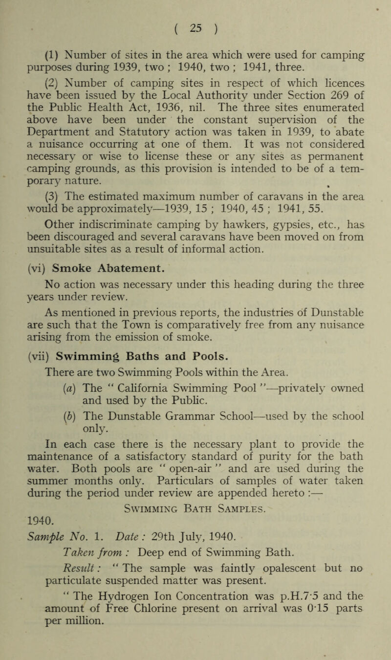 (1) Number of sites in the area which were used for camping’ purposes during 1939, two ; 1940, two ; 1941, three. (2) Number of camping sites in respect of which licences have been issued by the Local Authority under Section 269 of the Public Health Act, 1936, nil. The three sites enumerated above have been under ' the constant supervision of the Department and Statutory action was taken in 1939, to ’abate a nuisance occurring at one of them. It was not considered necessary or wise to license these or any sites as permanent camping grounds, as this provision is intended to be of a tem- porary nature. (3) The estimated maximum number of caravans in the area would be approximately—1939, 15 ; 1940, 45 ; 1941, 55. Other indiscriminate camping by hawkers, gypsies, etc., has been discouraged and several caravans have been moved on from unsuitable sites as a result of informal action. (vi) Smoke Abatement. No action was necessary under this heading during the three years under review. As mentioned in previous reports, the industries of Dunstable are such that the Town is comparatively free from any nuisance arising from the emission of smoke. (vii) Swimming Baths and Pools. There are two Swimming Pools within the Area. {a) The “ Cahfomia Swimming Pool —privately owned and used by the Pubhc. (h) The Dunstable Grammar School—used by the school only. In each case there is the necessary plant to provide the maintenance of a satisfactory standard of purity for the bath water. Both pools are “ open-air ” and are used during the summer months only. Particulars of samples of water taken during the period under review are appended hereto :— Swimming Bath Samples. 1940. Sample No. 1. Date : 29th July, 1940. Taken from : Deep end of Swimming Bath. Result: “ The sample was faintly opalescent but no particulate suspended matter was present. “ The Hydrogen Ion Concentration was p.H.7'5 and the amount of Free Chlorine present on arrival was 0T5 parts per million.