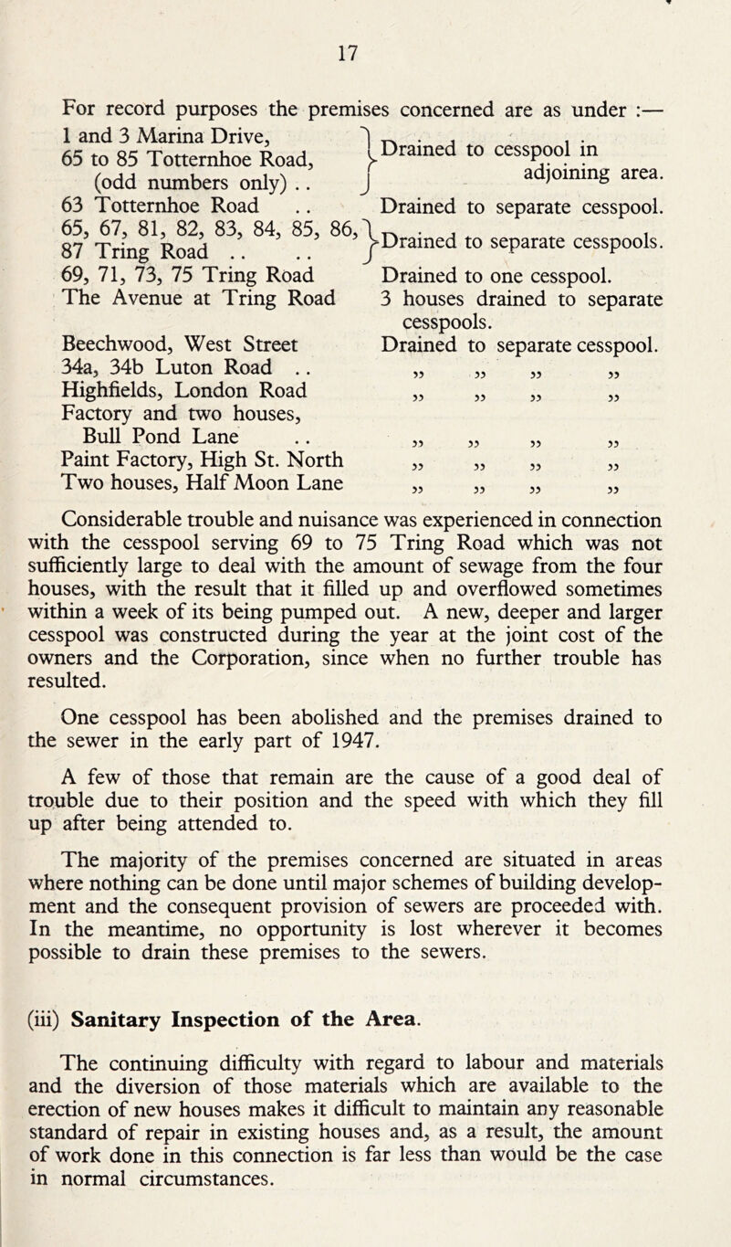 For record purposes the premises concerned are as under :— 1 and 3 Marina Drive, 65 to 85 Totternhoe Road, (odd numbers only) .. 63 Totternhoe Road 65, 67, 81, 82, 83, 84, 85, 86 87 Tring Road .. 69, 71, 73, 75 Tring Road The Avenue at Tring Road Beechwood, West Street 34a, 34b Luton Road .. Highfields, London Road Factory and two houses. Bull Pond Lane Paint Factory, High St. North Two houses. Half Moon Lane Drained to cesspool in adjoining area. Drained to separate cesspool. Drained to separate cesspools. Drained to one cesspool. 3 houses drained to separate cesspools. Drained to separate cesspool. ?5 55 55 55 55 55 55 55 55 55 55 55 55 55 55 55 55 55 55 Considerable trouble and nuisance was experienced in connection with the cesspool serving 69 to 75 Tring Road which was not sufficiently large to deal with the amount of sewage from the four houses, with the result that it filled up and overflowed sometimes within a week of its being pumped out. A new, deeper and larger cesspool was constructed during the year at the joint cost of the owners and the Corporation, since when no further trouble has resulted. One cesspool has been abolished and the premises drained to the sewer in the early part of 1947. A few of those that remain are the cause of a good deal of trouble due to their position and the speed with which they fill up after being attended to. The majority of the premises concerned are situated in areas where nothing can be done until major schemes of building develop- ment and the consequent provision of sewers are proceeded wilJi. In the meantime, no opportunity is lost wherever it becomes possible to drain these premises to the sewers. (iii) Sanitary Inspection of the Area. The continuing difficulty with regard to labour and materials and the diversion of those materials which are available to the erection of new houses makes it difficult to maintain any reasonable standard of repair in existing houses and, as a result, the amount of work done in this connection is far less than would be the case in normal circumstances.