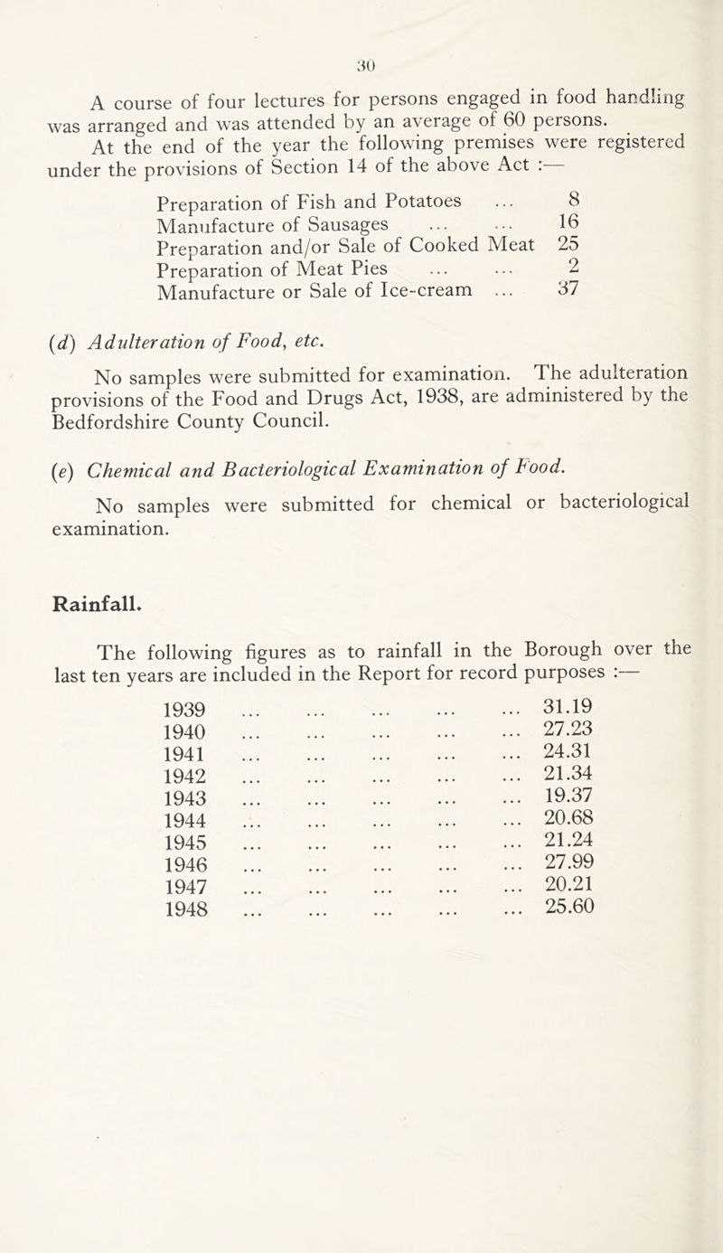 A course of four lectures for persons engaged in food handling was arranged and was attended by an average of 60 persons. At the end of the year the following premises were registered under the provisions of Section 14 of the above Act Preparation of Fish and Potatoes ... 8 Manufacture of Sausages 16 Preparation and/or Sale of Cooked Meat 25 Preparation of Meat Pies ... ... 2 Manufacture or Sale of Ice-cream ... 37 (d) Adulteration of Food, etc. No samples were submitted for examination. The adulteration provisions of the Food and Drugs Act, 1938, are administered by the Bedfordshire County Council. {e) Chemical and Bacteriological Examination of Food. No samples were submitted for chemical or bacteriological examination. Rainfall* The following figures as to rainfall in the Borough over the last ten years are included in the Report for record purposes : 1939 1940 1941 1942 1943 1944 1945 1946 1947 1948 31.19 27.23 24.31 21.34 19.37 20.68 21.24 27.99 20.21 25.60