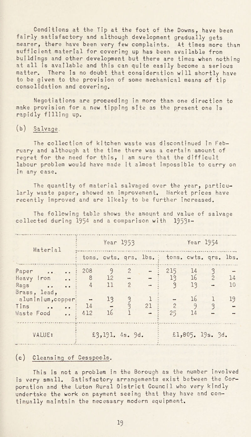 Conditions at the Tip at the foot of the Downs, have been fairly satisfactory and although development gradually gets nearer, there have been very few complaints. At times more than sufficient material for covering up has been available from buildings and other development but there are times when nothing at all is available and this can quite easily become a serious matter. There Is no doubt that consideration will shortly have to be given to the provision of some mechanical means of tip consolidation and covering. Negotiations are proceeding in more than one direction to make provision for a new tipping site as the present one is rapidly filling up. (b) Salvage- The collection of kitchen waste v/as discontinued in Feb- ruary and although at the time there was a certain amount of regret for the need for this, 1 am sure that the difficult labour problem would have made it almost impossible to carry on in any case. The quantity of material salvaged over the year, particu- larly waste paper, showed an improvement. Market prices have recently improved and are likely to be further Increased. The following table shows the amount and value of salvage collected during 155^ and a comparison with l^pS’ Material Year 1353 Year 195^ tons. cwts. qrs. lbs. tons. cwts, qrs. lbs. Paper .. : 208 9 2 > 215 14 3 Heavy iron .. : 8 12 - 13 1^ 2 14 Rags .. .. ; Brass, lead, : 4 11 2 3 13 - 10 alum i n i urn,copper; 13 3 1 — 1^ 1 13 Tins .. ; 14 3 21 2 3 3 - Waste Food .. ; 412 16 1 V ■w 25 14 - T VALUE: : £3,131. 4s. \ s £1,805. 19s. 3d # (c) Cleansing of Cesspools. This is not a problem in the Borough as tiie number involved is very small. Satisfactory arrangements exist between the Cor- poration and the Luton Rural District Council who very kindly undertake the work on payment seeing that they have and con- tinually maintain the necessary modern equipment.