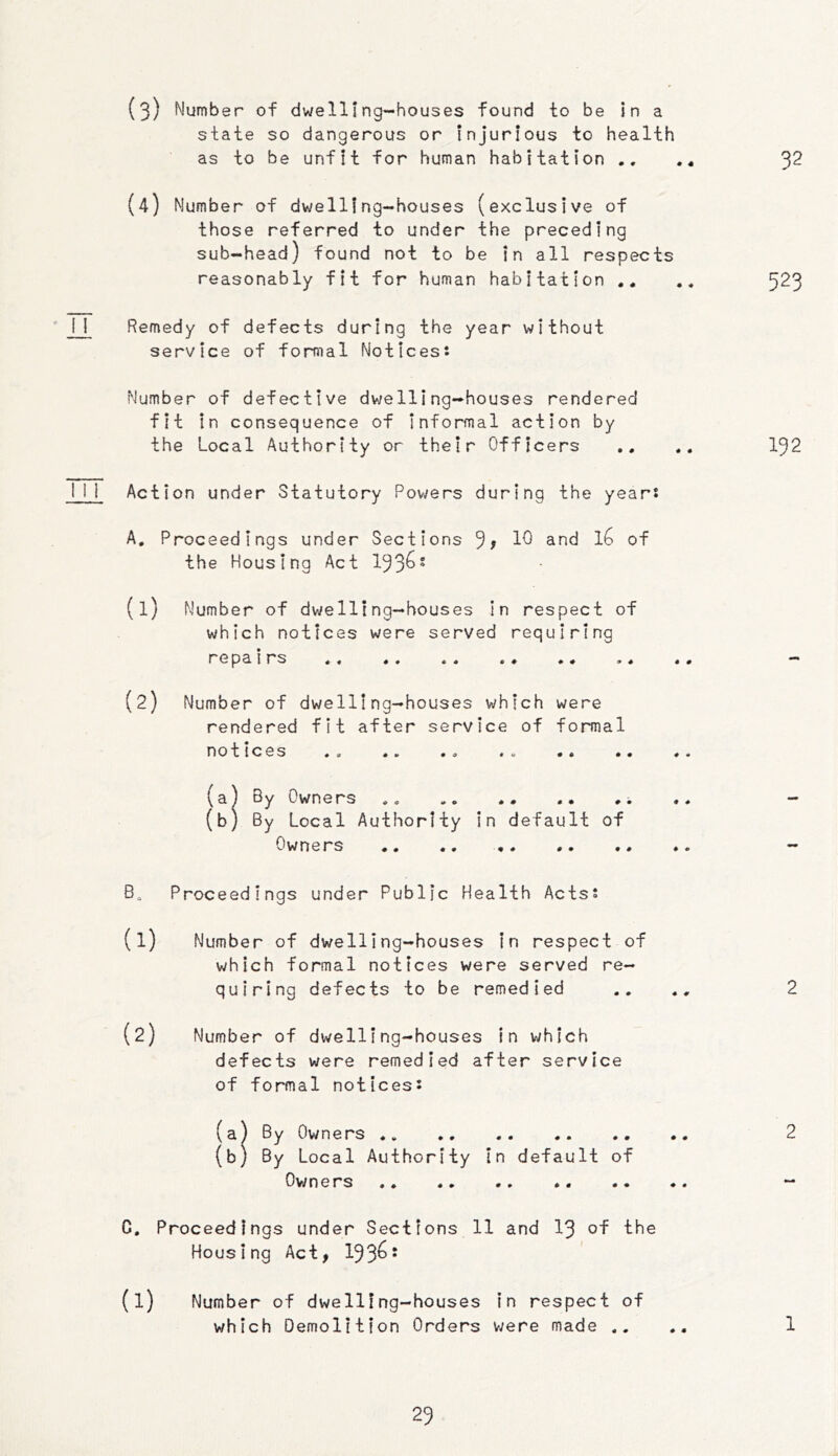 32 (3) Number of dwelling-houses found to be in a state so dangerous or injurious to health as to be unfit for human habitation (4) Number of dwelling-houses (exclusive of those referred to under the preceding sub-head) found not to be in all respects reasonably fit for human habitation .. Remedy of defects during the year without service of formal Notices: Number of defective dwelling-houses rendered fit in consequence of Informal action by the Local Authority or their Officers Action under Statutory Pov/ers during the years A. Proceedings under Sections 3; 1^ of the Housing Act 133^' (1) Number of dwelling-houses in respect of which notices were served requiring repa i rs .. (2) Number of dwelling-houses which were rendered fit after service of formal notices ** «•> •• •« 1 (a) By Owners (b) By Local Authority in default of Owners B, Proceedings under Public Health Acts: (1) Number of dwelling-houses in respect of which formal notices were served re- quiring defects to be remedied (2) Number of dwelling-houses in which defects were remedied after service of formal notices: (a) By Owners (b) By Local Authority in default of Owners C, Proceedings under Sections 11 and I3 of the Housing Act, 133^* Number of dwelling-houses in respect of which Demolition Orders were made .. 523 132 2 2 1 23