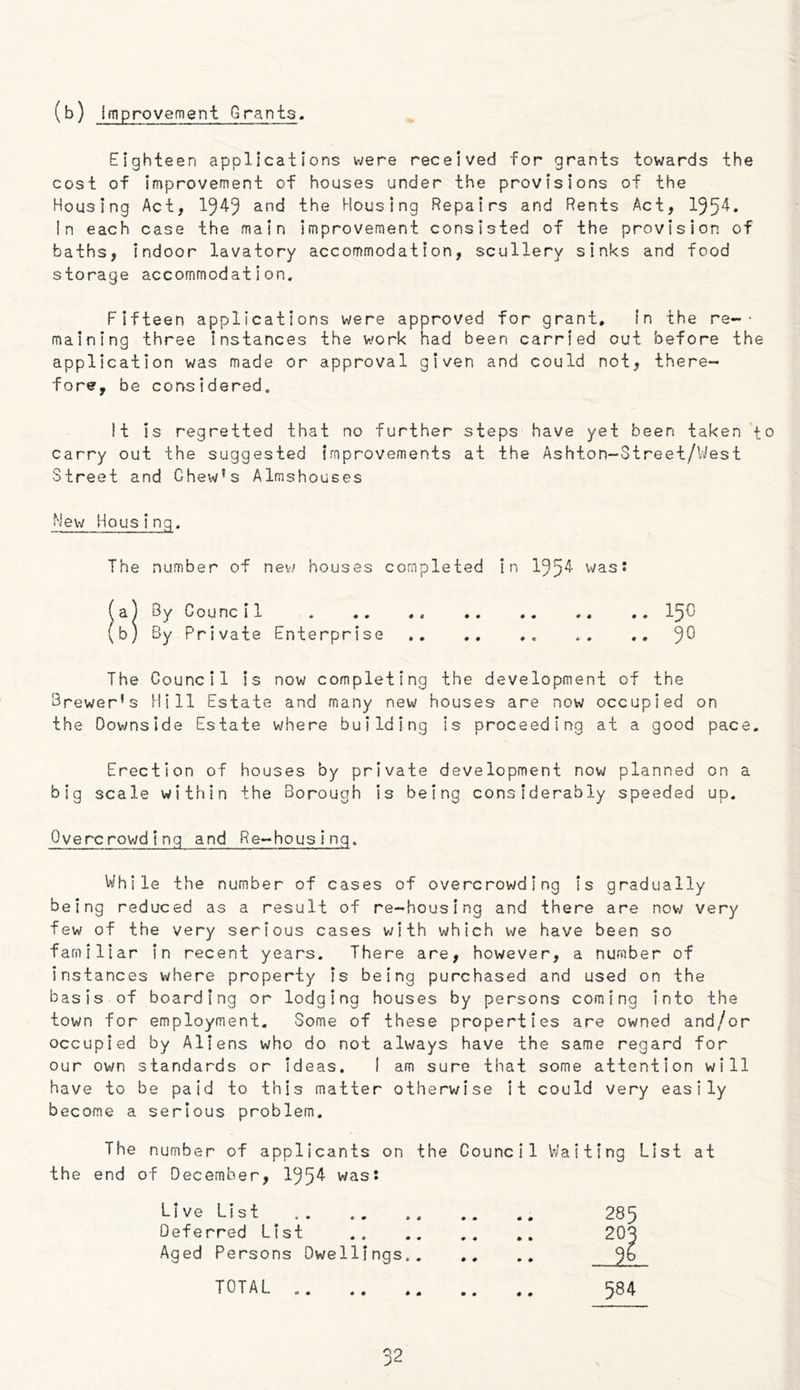 (b) improvement Grants. Eighteen applications were received for grants towards the cost of improvement of houses under the provisions of the Housing Act, 19^5 Housing Repairs and Rents Act, 195^* In each case the main improvement consisted of the provision of baths, indoor lavatory accommodation, scullery sinks and food storage accommodation. Fifteen applications were approved for grant, in the re-• maining three instances the work had been carried out before the application was made or approval given and could not, there- fore, be considered. It is regretted that no further steps have yet been taken 'to carry out the suggested improvements at the Ashton-Street/Viest Street and Chew's Almshouses New Housing. The number of nevi bouses completed in 195'^- was! a ) By Counc i 1 I5C b) By Private Enterprise 9*^ The Council is now completing the development of the Brewer’s Hill Estate and many new houses are now occupied on the Downside Estate where building is proceeding at a good pace. Erection of houses by private development now planned on a big scale within the Borough is being considerably speeded up. Qvercrov;dinq and Re-housing. While the number of cases of overcrowding is gradually being reduced as a result of re-housing and there are now very few of the very serious cases v/ith which we have been so familiar in recent years. There are, however, a number of instances where property is being purchased and used on the basis of boarding or lodging houses by persons coming into the town for employment. Some of these properties are owned and/or occupied by Allens who do not alv;ays have the same regard for our own standards or ideas. 1 am sure that some attention will have to be paid to this matter otherv/ise It could very easily become a serious problem. The number of applicants on the Council Waiting List at the end of December, 195^ was: Li ve List . . 285 Deferred List 203 Aged Persons Dwellings total 584